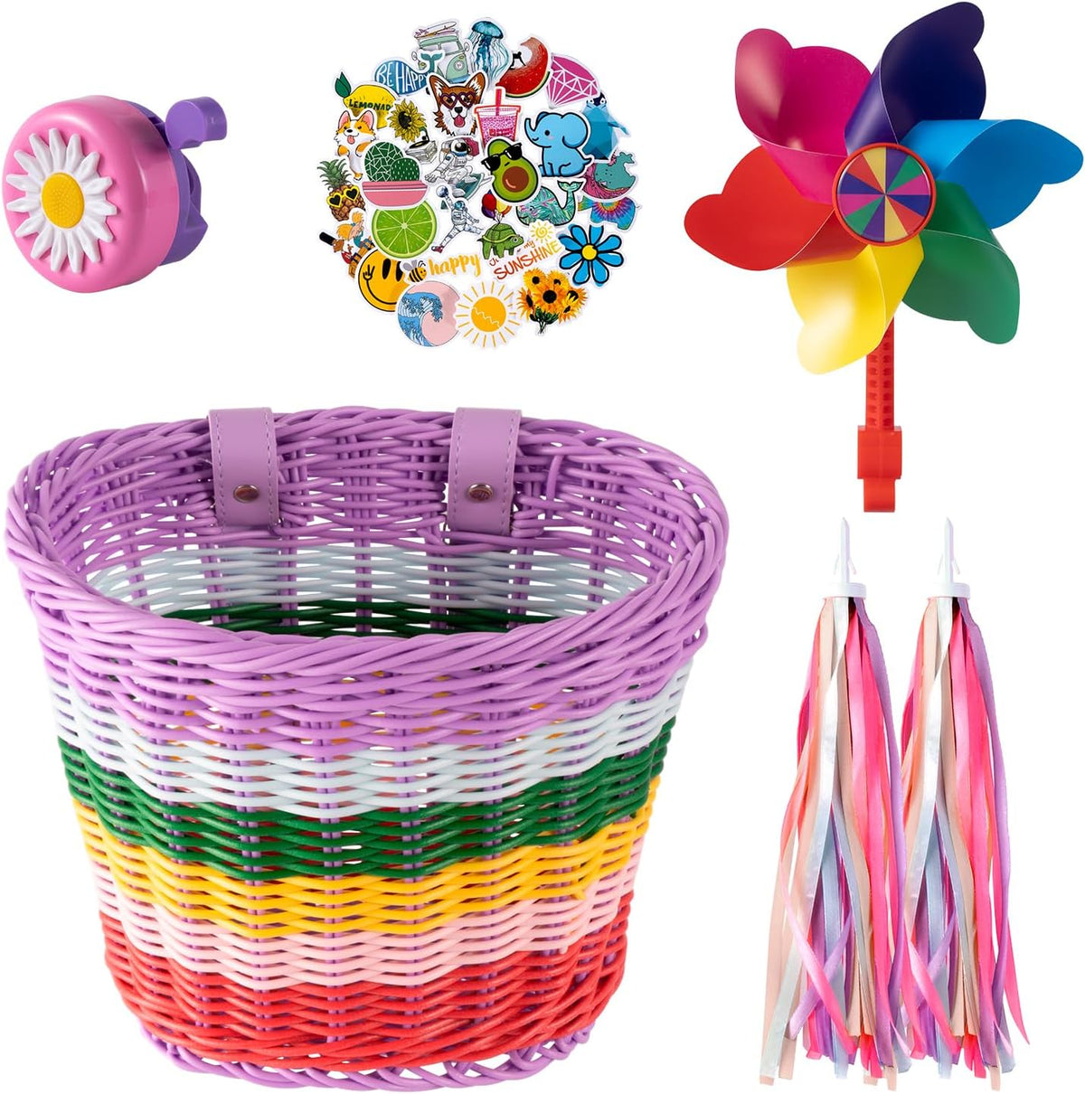 Little World Bike Basket Kids Set with Stickers, Bell, Windmill, Tassels
