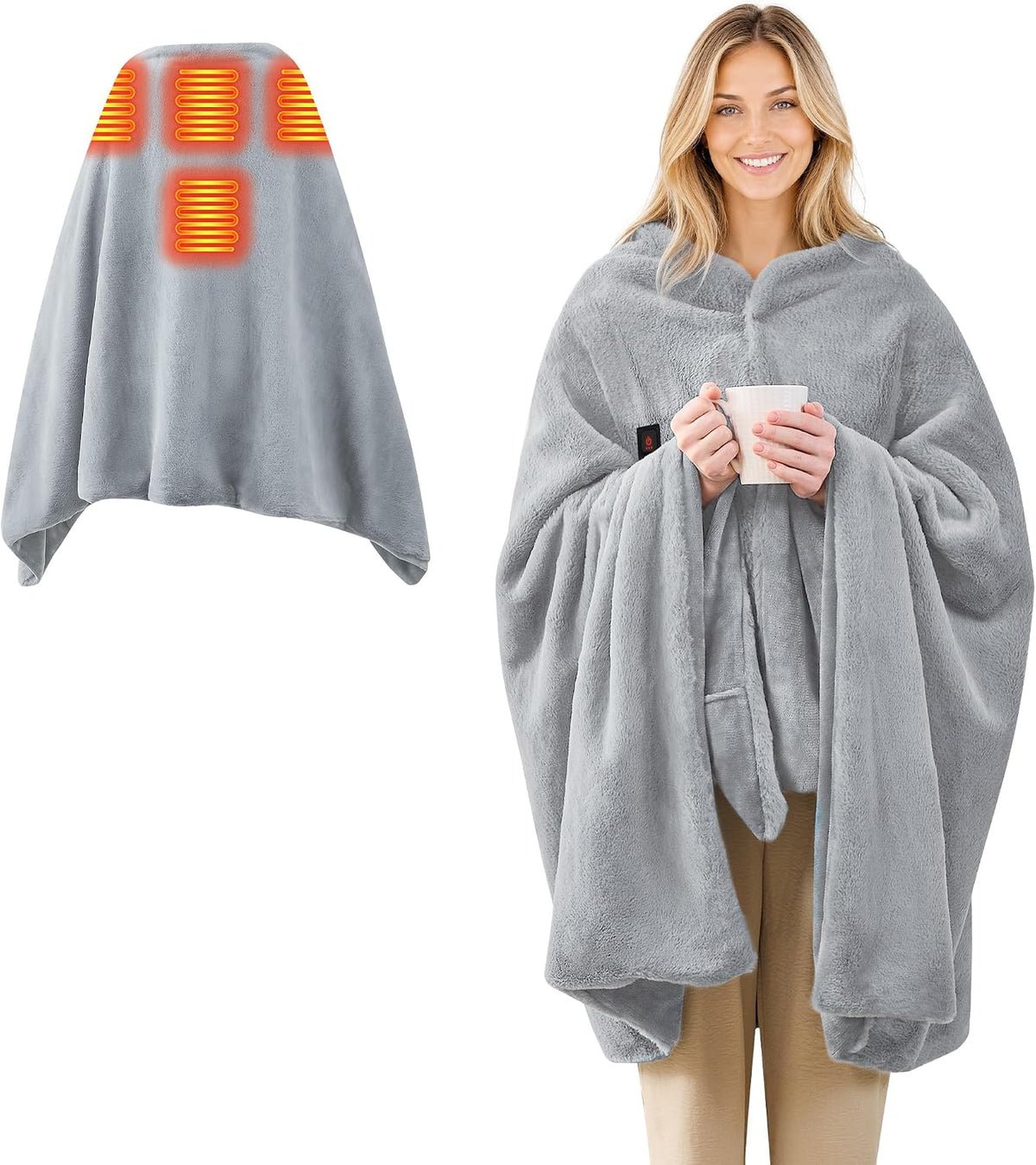 Cordless Faux Rabbit Fur Heated Wearable Blanket Shawl Battery Powered