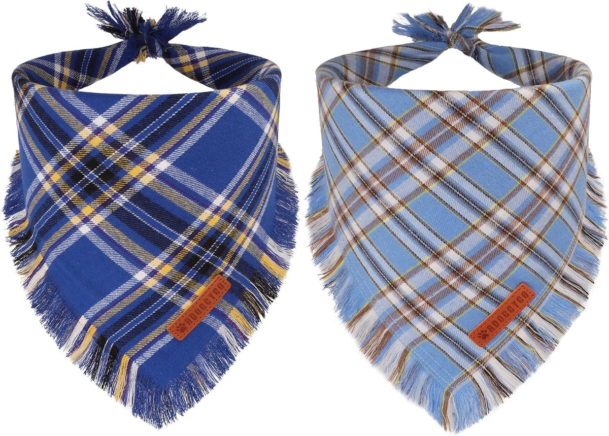 Dog Bandana Boy, Blue Plaid Cotton Scarf with Fringe, Large
