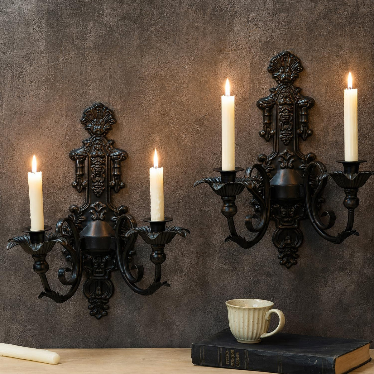 Gothic Wall Candle Sconces Set of 2 - Metal, Black