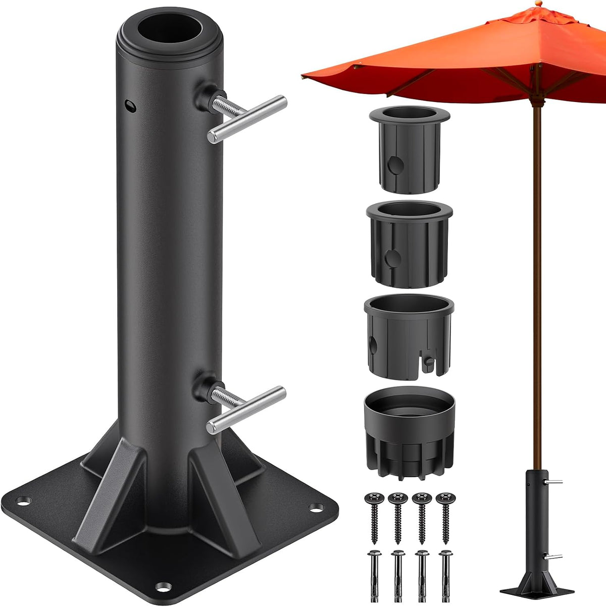 Heavy Duty Deck Mount Umbrella Holder with Plastic Sleeve, Fully Welded Steel Patio Umbrella Base up to 2'' Poles, Outdoor Umbrella Stand for Patio Table, Balcony, Decks, Docks (Enhanced)