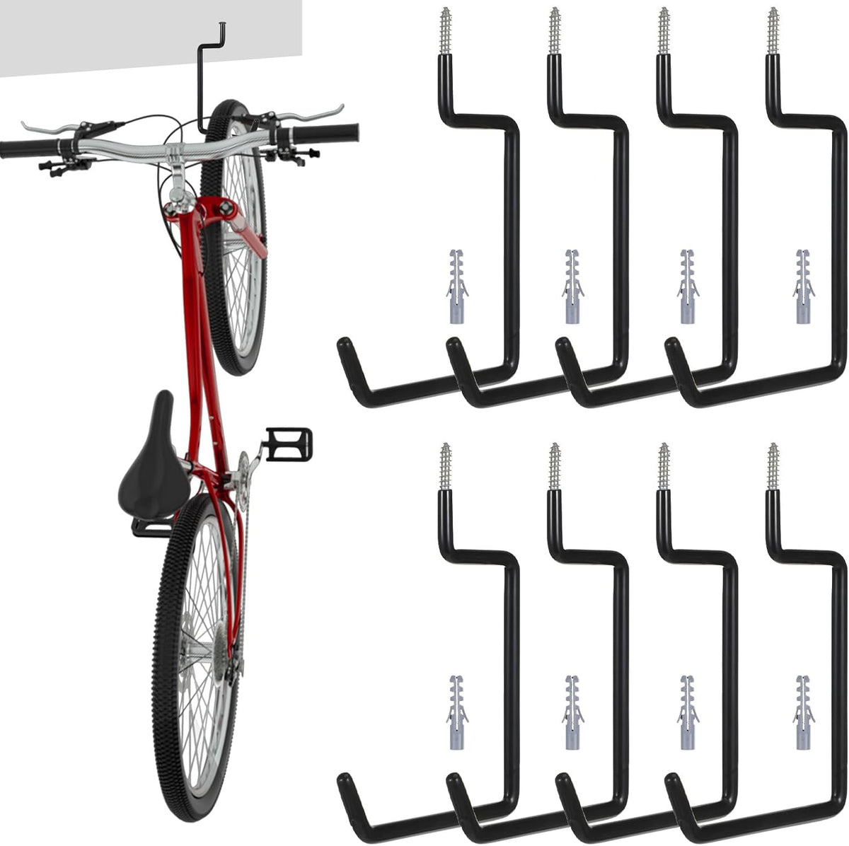 8Pcs Screw in Ladder Hook, 8-Inch Black Heavy Duty Tool Holders 4PC, Bike Hooks, Large Wall Mount Garage Storage Hanger, Shelf Organizer for Hanging Bike, Ladder, Folding Chair, Cord