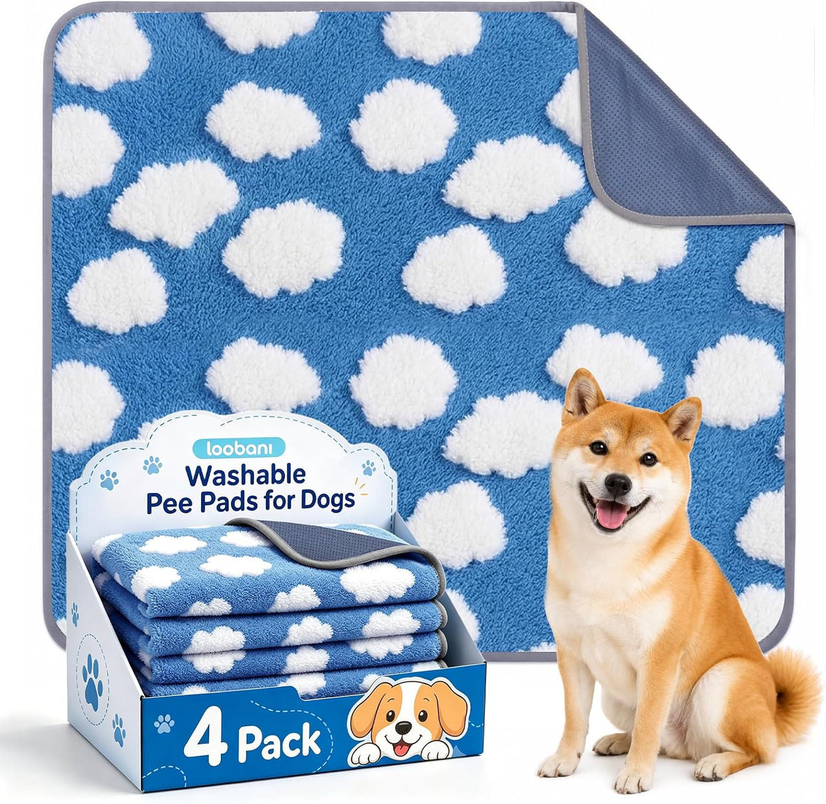 LOOBANI 4 Pack Washable Pee Pads for Dogs, Floor, 30"X34",Blue