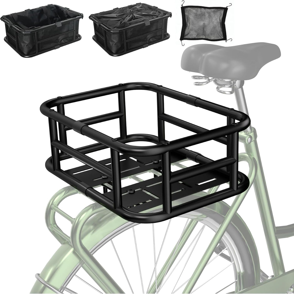 Bike Basket Rear, Heavy Duty Bicycle Baskets W Liner, Cargo Net, Waterproof Cover, Ebike Accessories for Adult Bikes, Electric Bike, Carrying Grocery, Requires Assembly