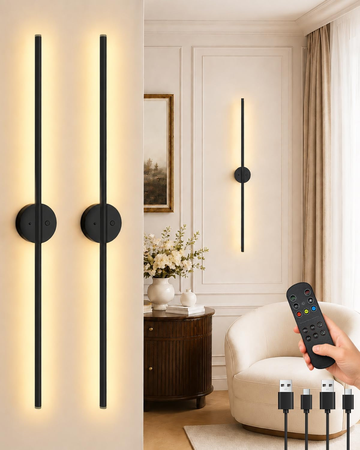 Battery Operated Wall Sconces Set of 2, Rechargeable Wireless Wall Lights