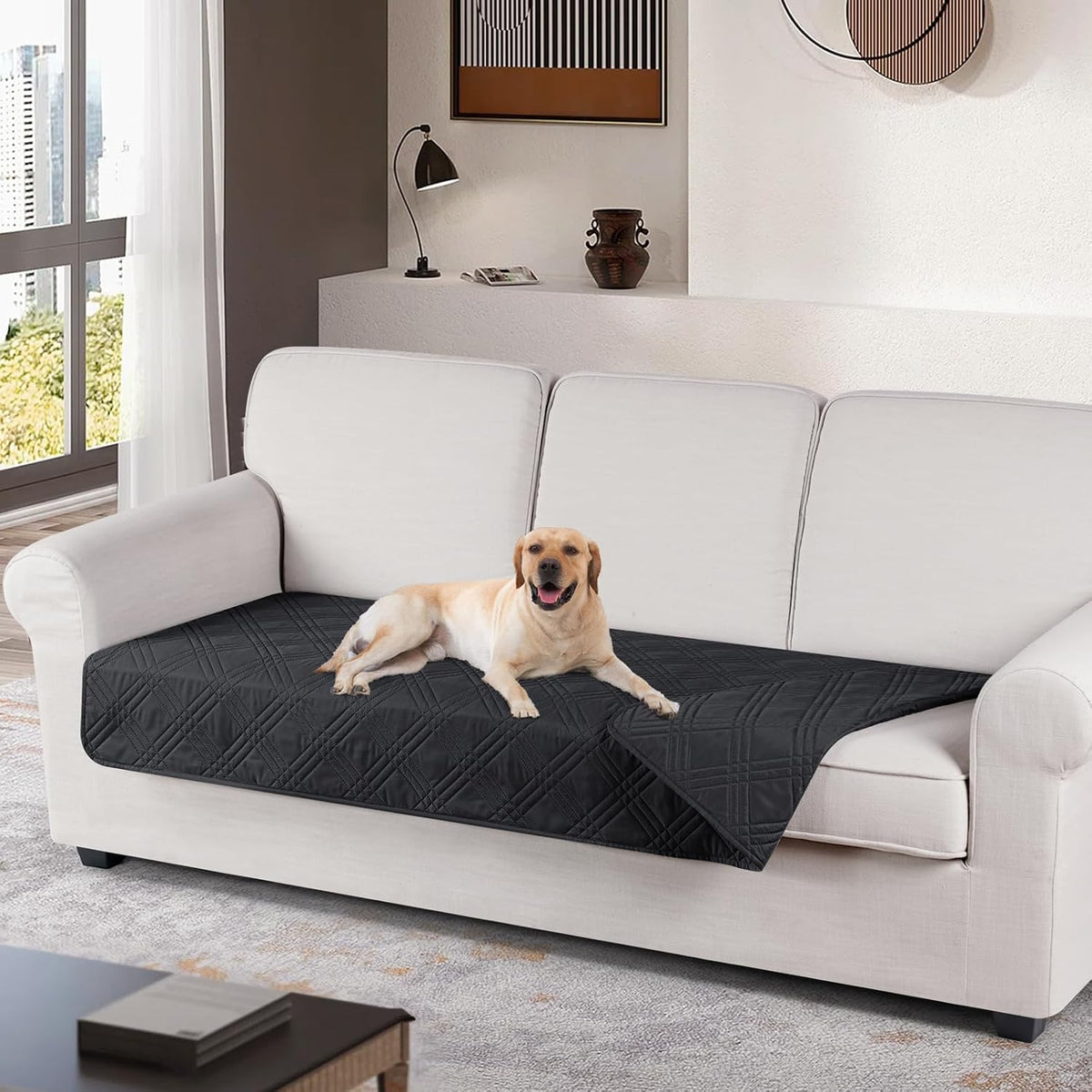 TAOCOCO 100% Waterproof Couch Cushion Cover Reversible Sofa Seat Cover for Dogs Pets Chaise Couch Cover for Sectional U Shape Couch Furniture Protector Sofa Slipcover(Sofa, Black)