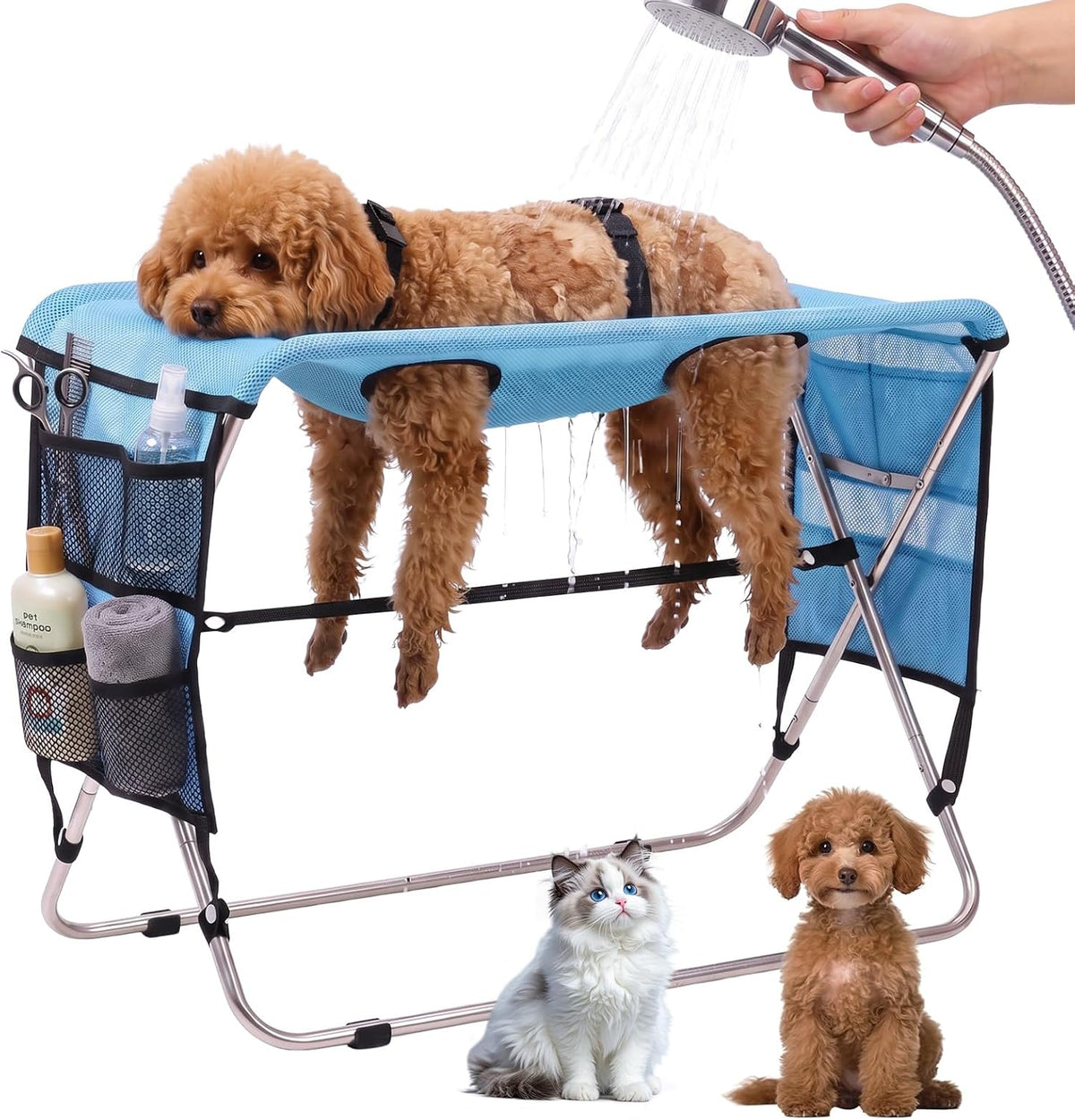 Pet Grooming Hammock for Small Dogs Cats under 30 Lbs, Stainless Steel Bracket, 30-Pound Weight Capacity, Foldable Dog Cat Grooming Table for Nail Trimming, Bathing & Care