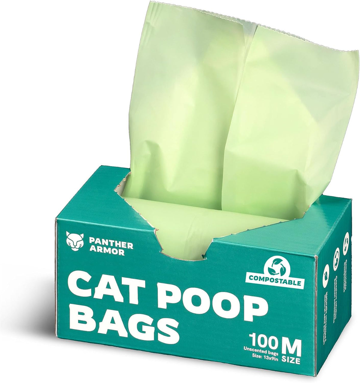 Panther Armor Compostable Cat Litter Bags for Poop - 100X Unscented Pet Waste, 13X9In Leak Proof Kitty Litter Disposal - Odor Proof, Easy Open Dispenser Box of Cat Poop