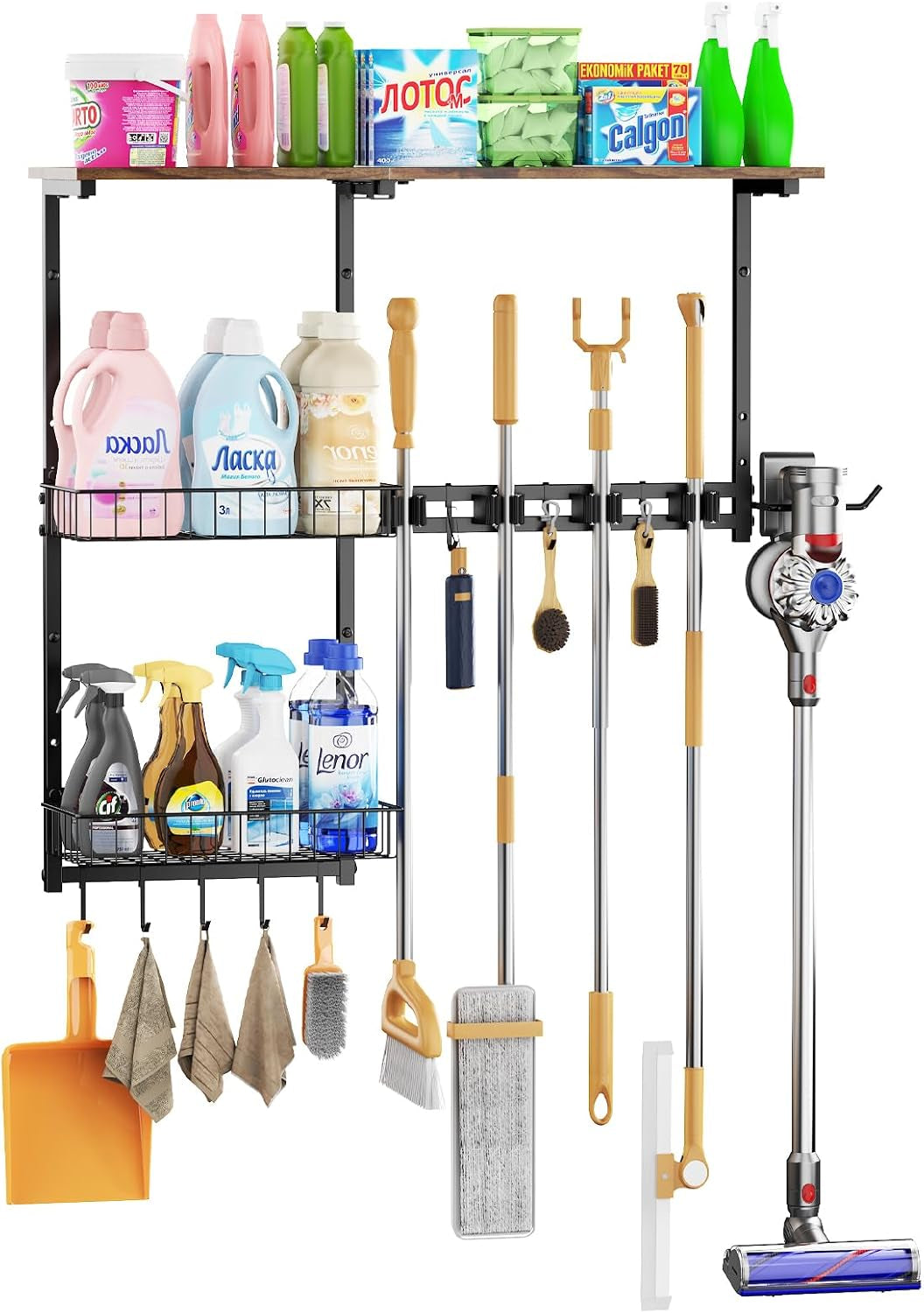 Broom Holder Wall Mount,With a Storage Basket Cleaning Tool Storage Rack