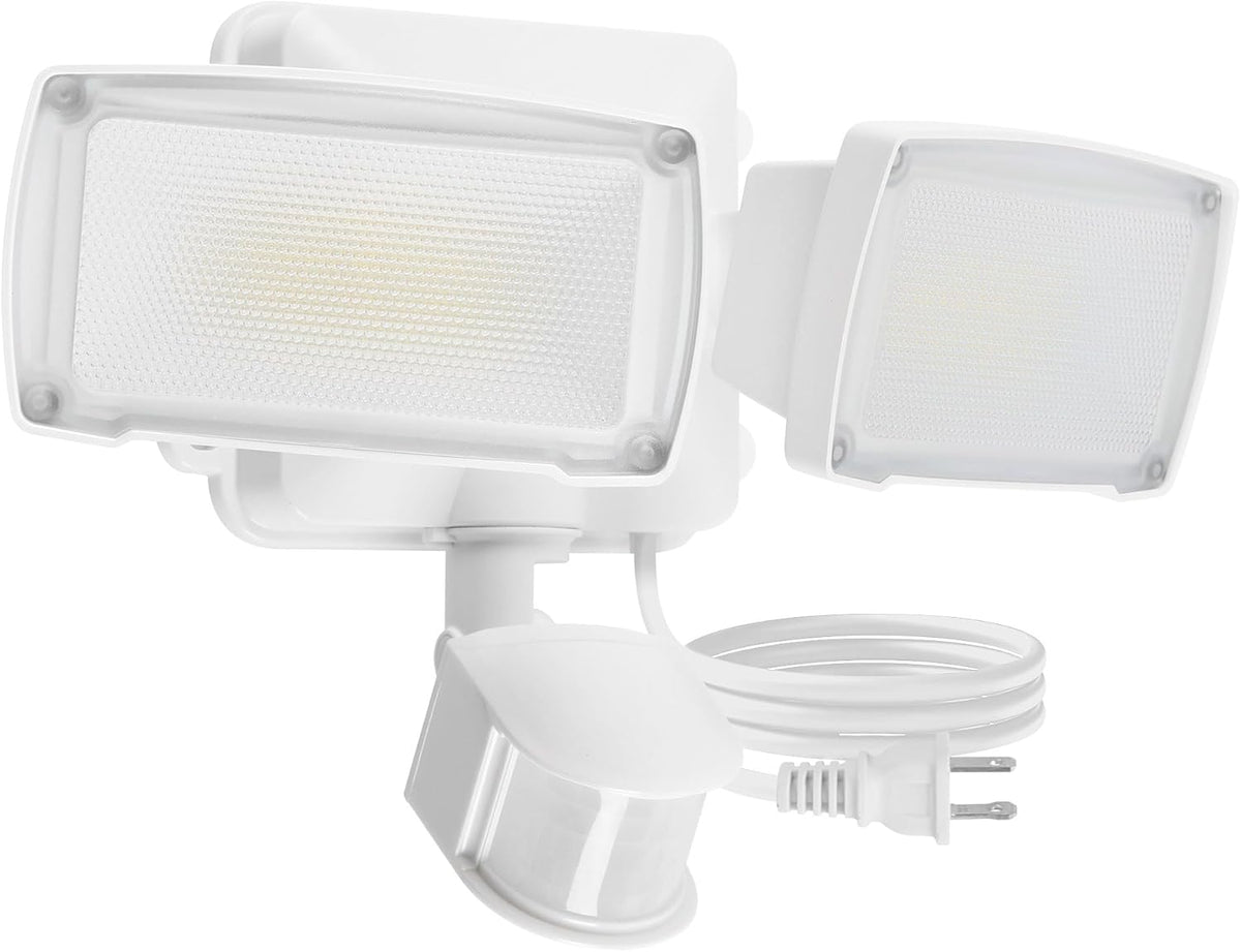 LUTEC 21W Plug in Motion Sensor Light Outdoor, Flood Lights Outdoor Motion Sensor,2500Lm, 5000K Daylight,Ip65 Waterproof,Adjustable 2 Heads Wall Light for Garage, Porch, Yard - White