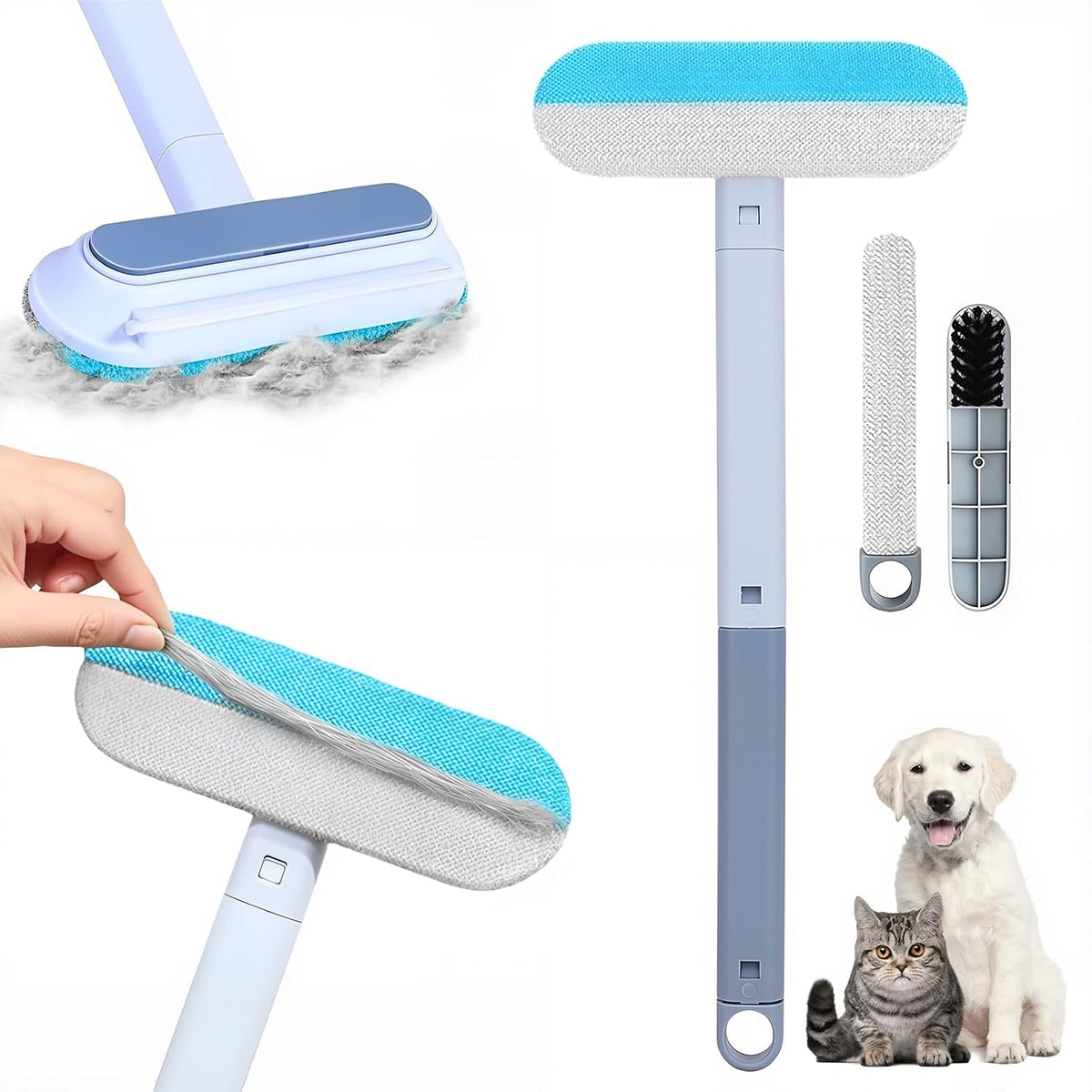 Pet Hair Remover 4 in 1- Reusable Long Handle Dog Hair Remover Brush, Washable Lint Cleaner for Dog and Cat Hair, Gentle on Furniture, Multifunctional Hair Removal Brush, 2 Pcs Carpet Scraper