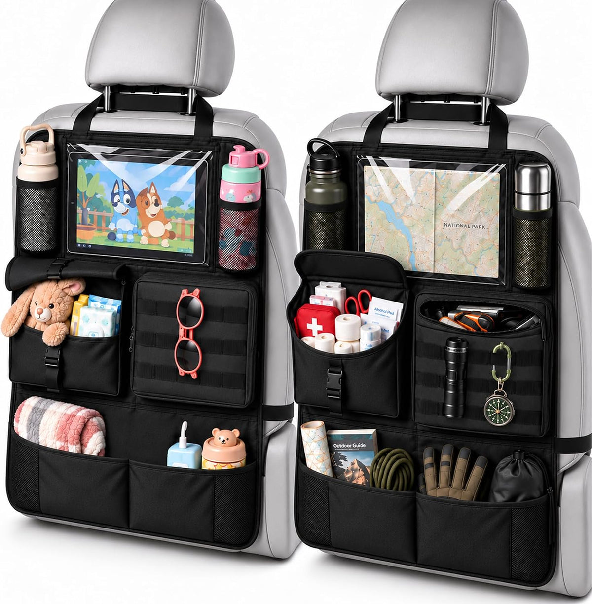 2 Pack MOLLE Backseat Car Organizer with Tablet Holder for Cars Suvs Trucks