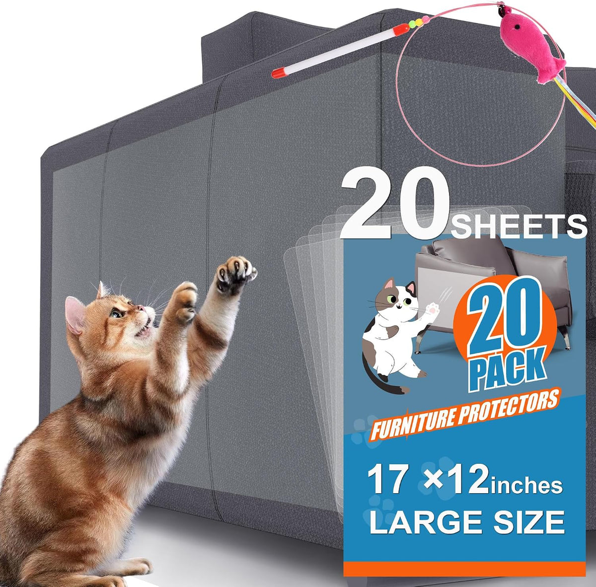 20-Pack Cat Scratch Furniture Couch Protector - Large Size 17X12Inch Sofa Protectors Tape from anti Cats Claws Scratching , Chair Corner Guards Cover for Cat Stop Scratching with 50 Twist Pins and Toy