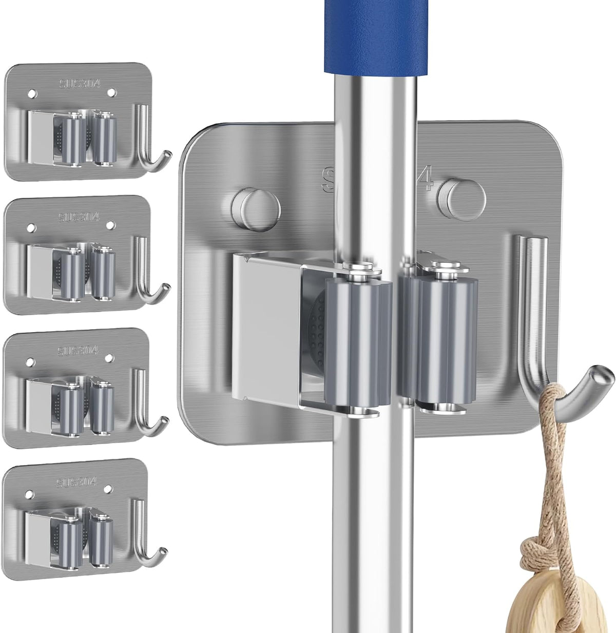 4 Pack Stainless Steel Mop and Broom Holder Wall Mount with Hook, Silver