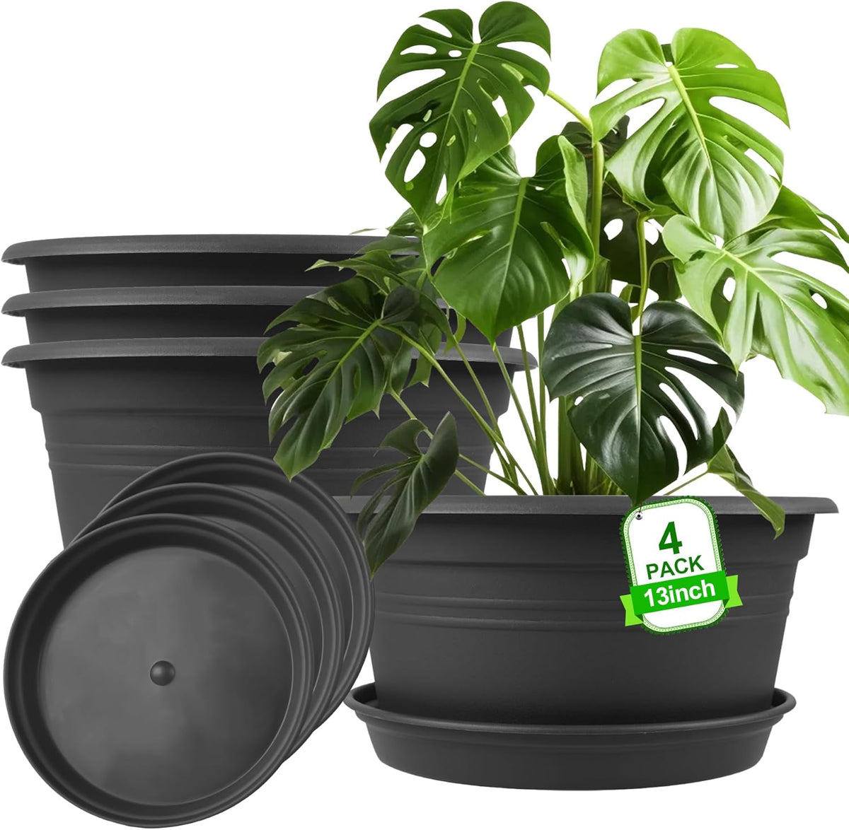 Large Flower Pots Set of 4 Pack 13 Inch, Shallow Planter with Drainage Hole