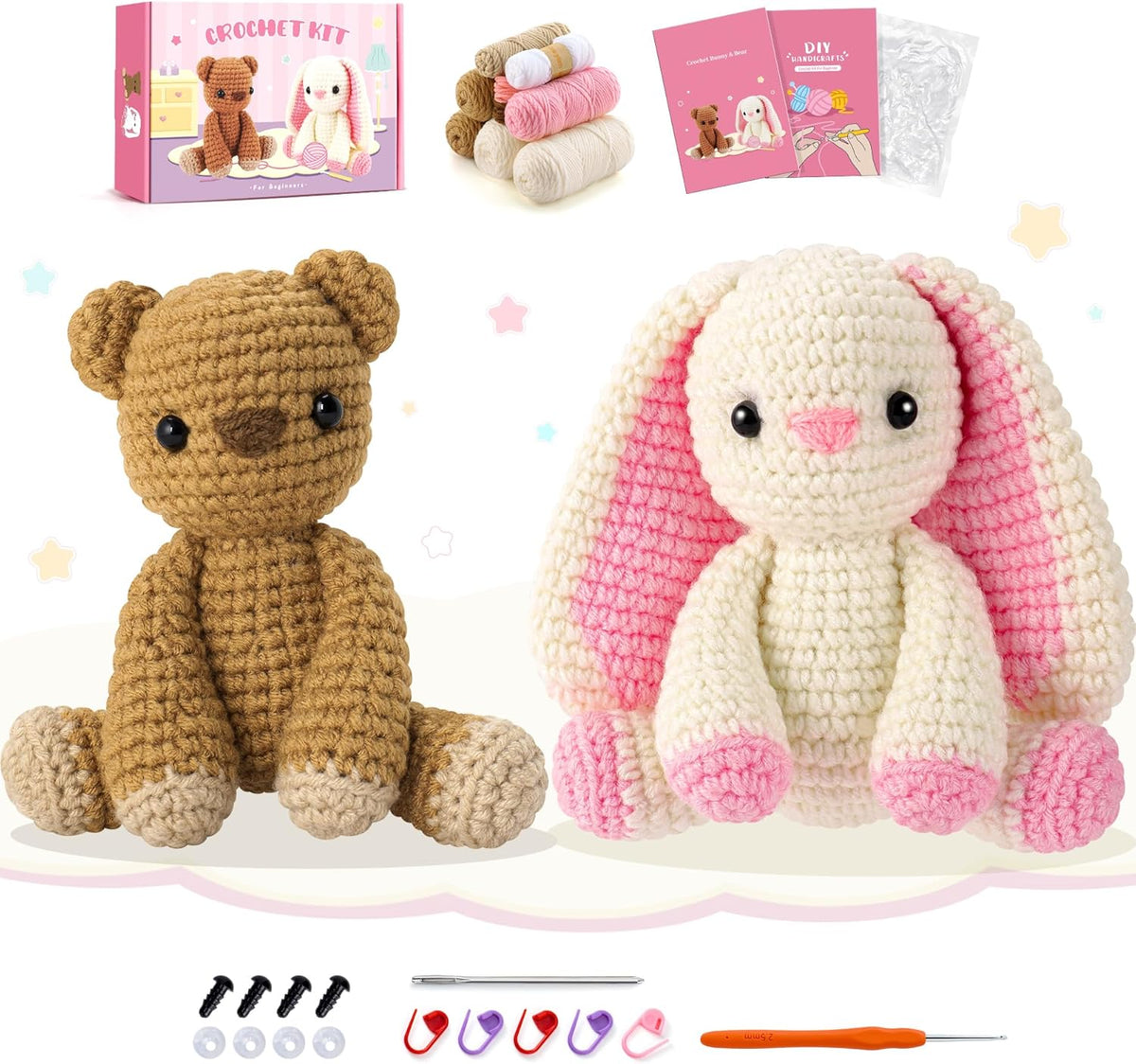 Bunny and Bear Crochet Kit for Beginners 2PCS Crochet Starter Kit for Adult