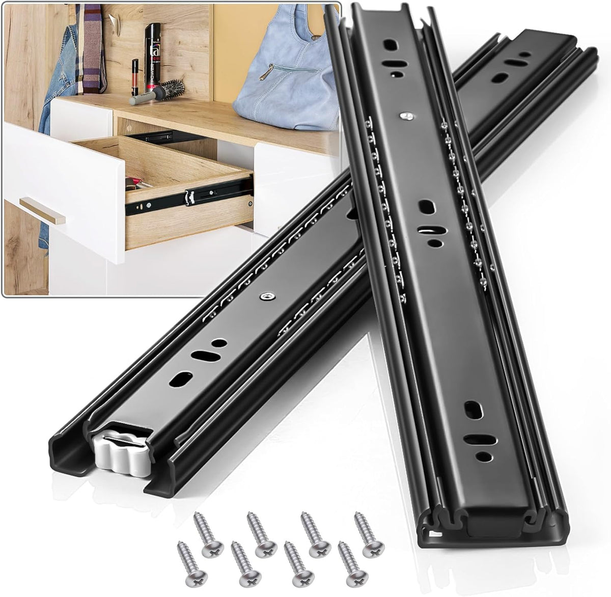 Drawer Slides 1 Pair Full Extension 12 14 16 18 20 22 24 Inch Side Mount Pull Out Kitchen Cabinet Rails Bracket Replacement Ball Bearing (Basic-1 Pair, 12 Inch)