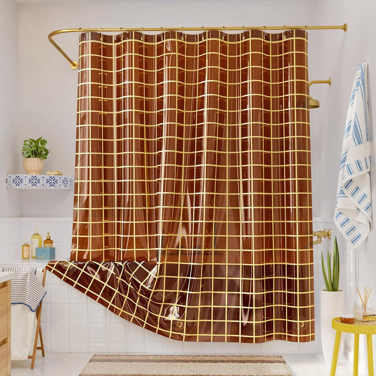 Heavy Duty Clear Shower Curtain Liner, Grid Pattern, 72 X 72, Amber