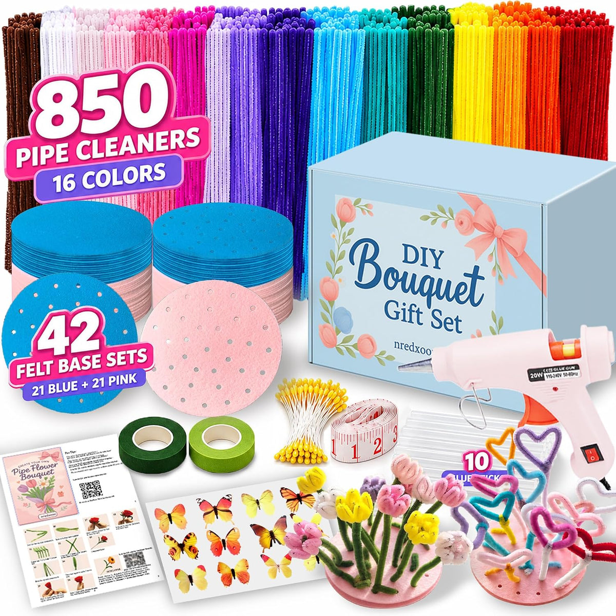 850Pcs Pipe Cleaner Crafts Kit W/ Felt Bases & Glue Gun, ASMR DIY Flowers