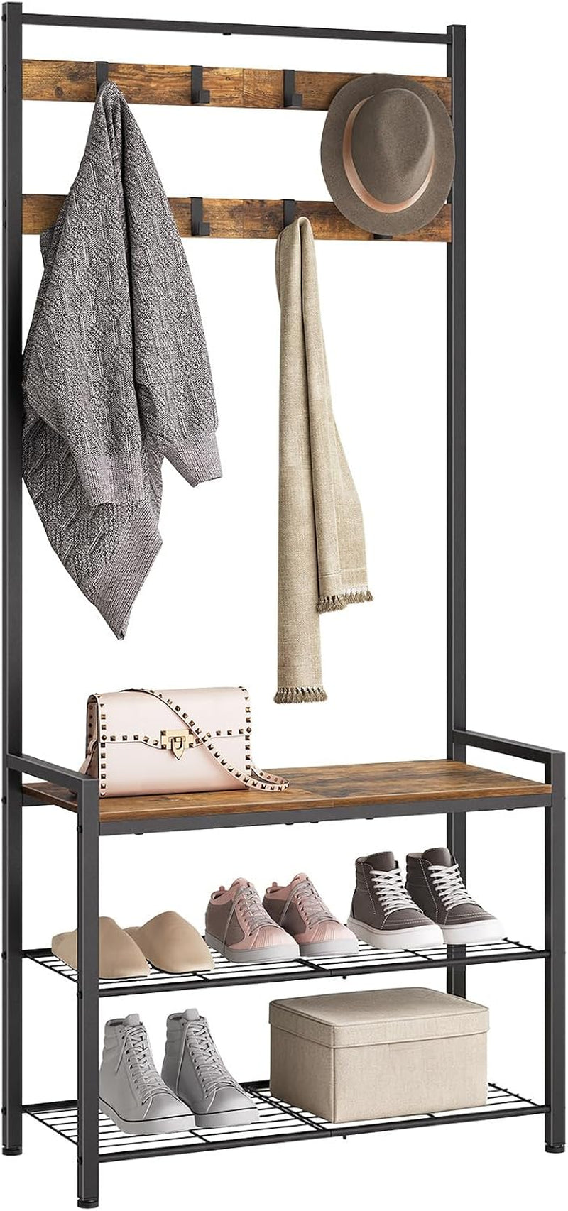 YATINEY Hall Tree, Coat Rack with Shoe Bench, Entryway Bench with Shoe Storage, Multifunctional Entryway Storage Organizer, Metal Frame and 8 Movable Hooks, for Hallway, Rustic Brown MT01BR