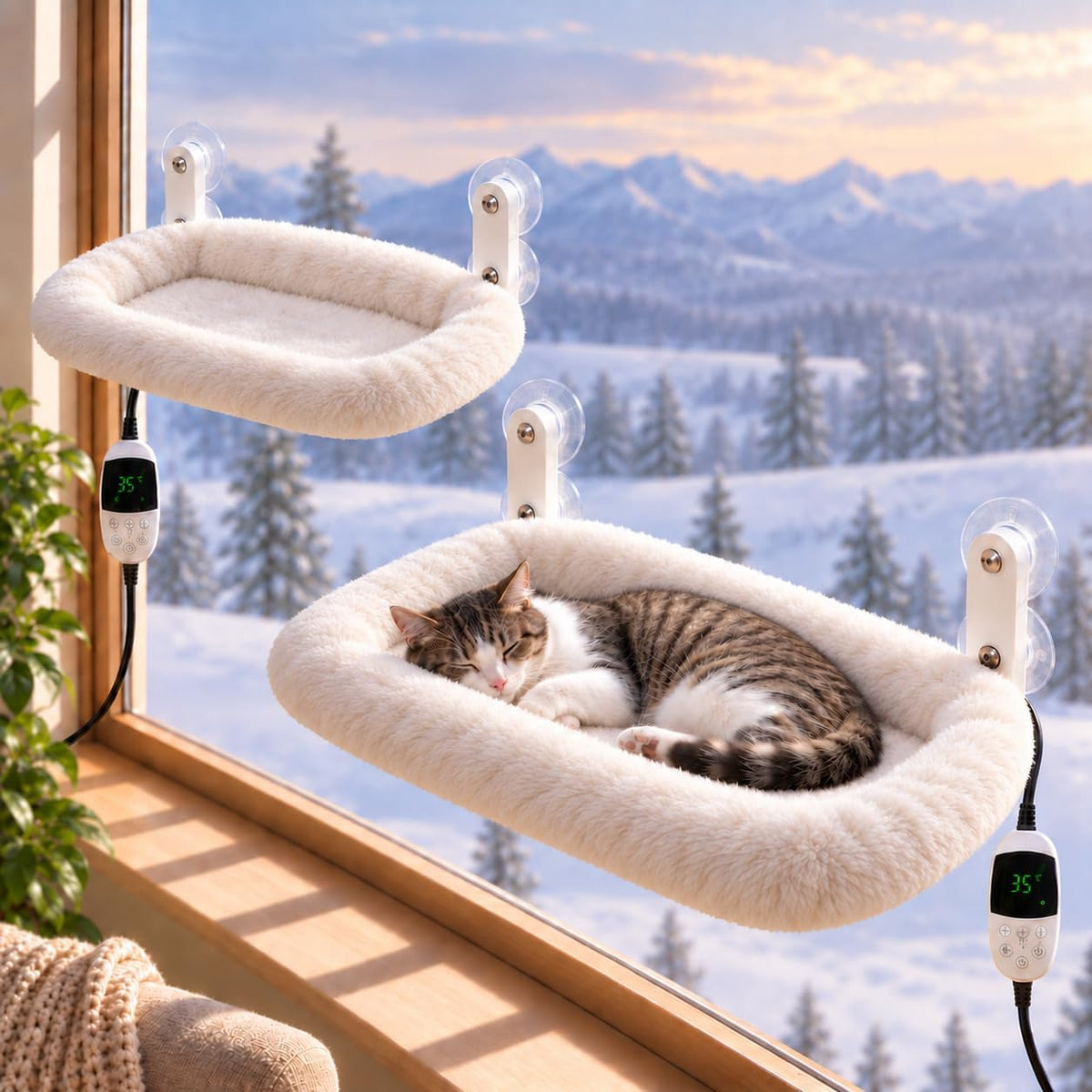 L&W BROS. 2PC Cat Heated Window Perches with Adjustable Thermostat & Timer – Dual Hammocks with Strong Suction Cups, Easy-To-Clean Warm Beds for Multi-Cat Homes, Holds up to 50Lbs Each (M 2PC)
