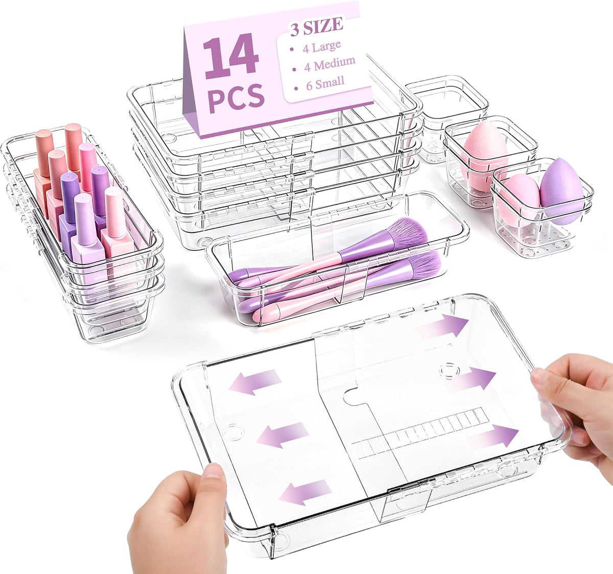 14 Pcs Clear Expandable Drawer Organizer Vanity Drawer Organizer 3 Size