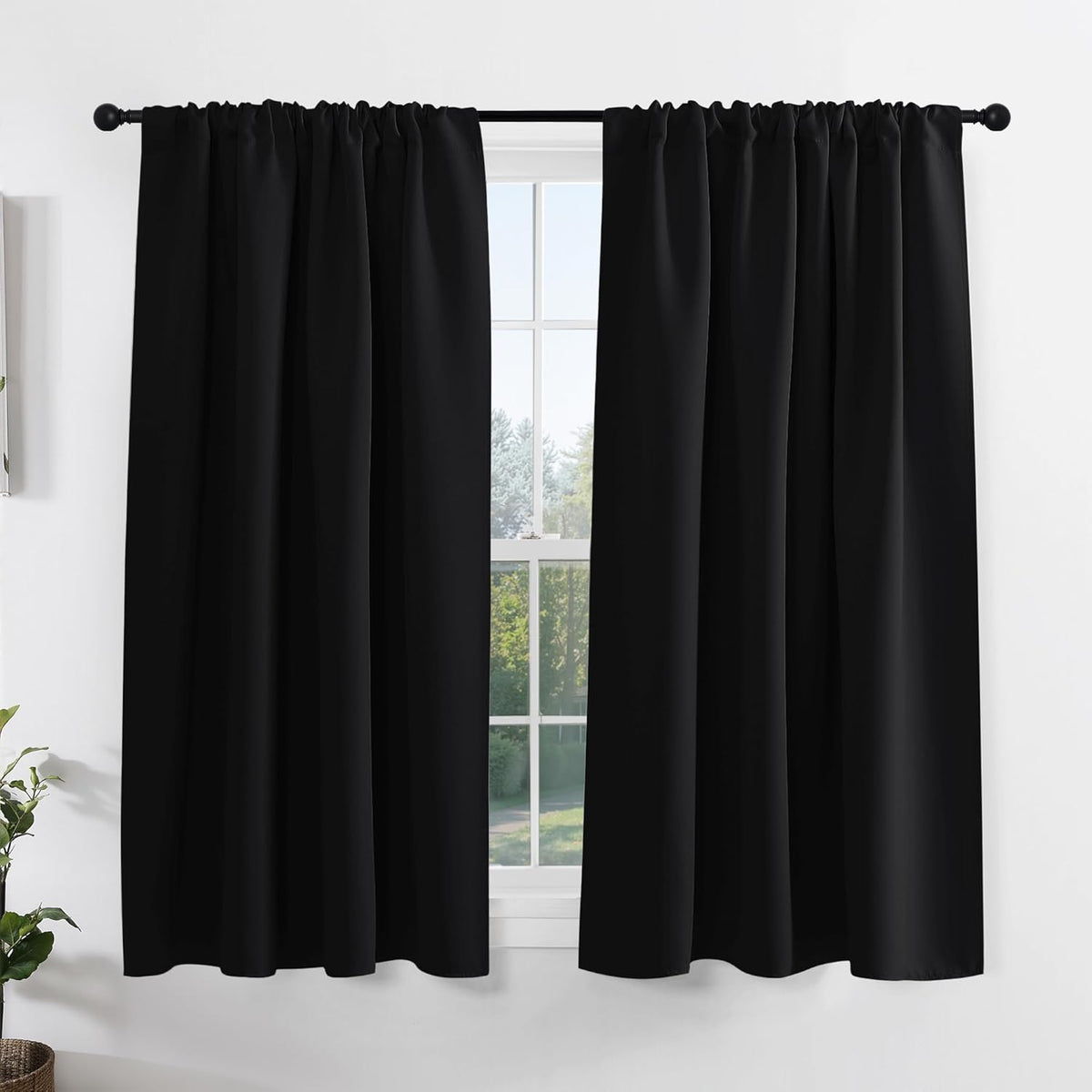 PONY DANCE Blackout Window Curtains for Bedroom - Thermal Insulated Curtain Drapes for Winter, Short Rod Pocket Blinds for Kitchen/Living Room, W 42 X L 54 Inches, Black, One Pair