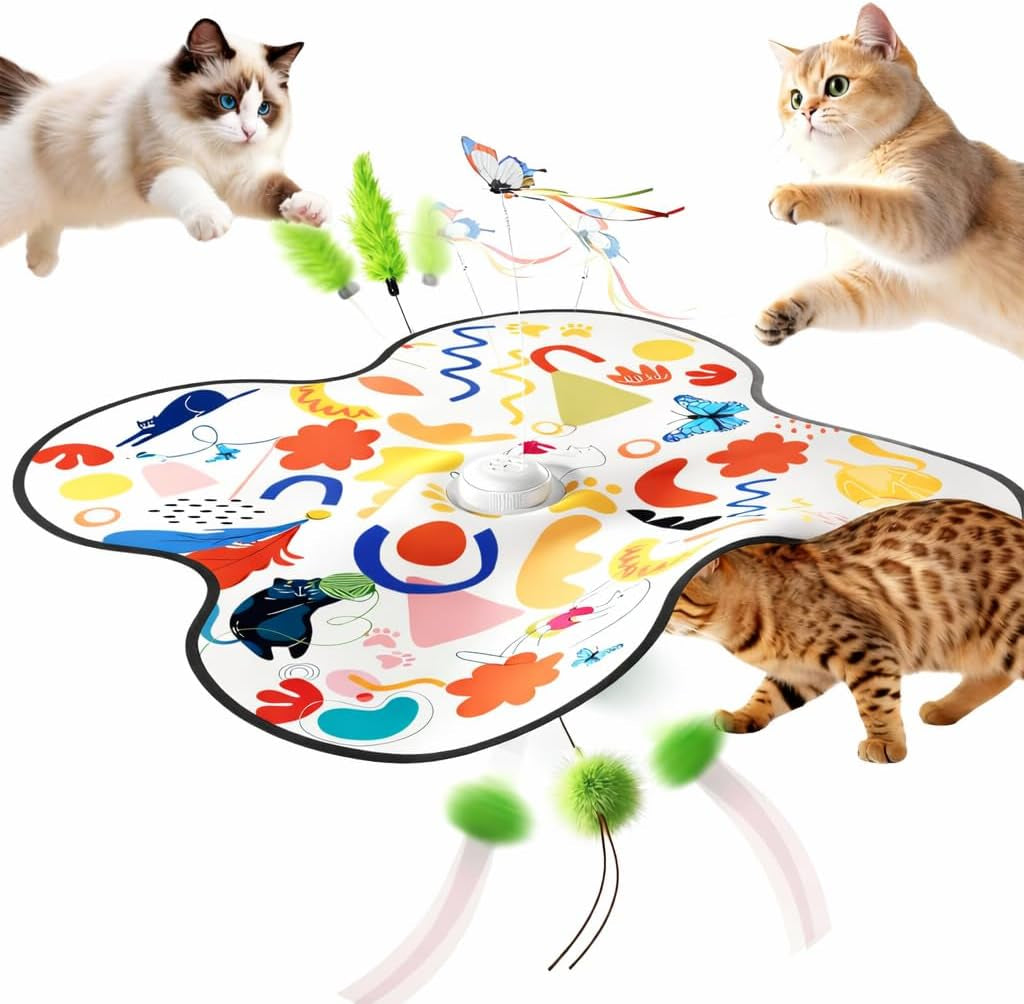 Pet'S Var 3-In-1 Interactive Cat Toy for Indoor Cats, Motion Activated Automatic Cat Toy with Moving Feather, Fluttering Butterfly, Mouse Sound, Rechargeable with Bonus Teaser