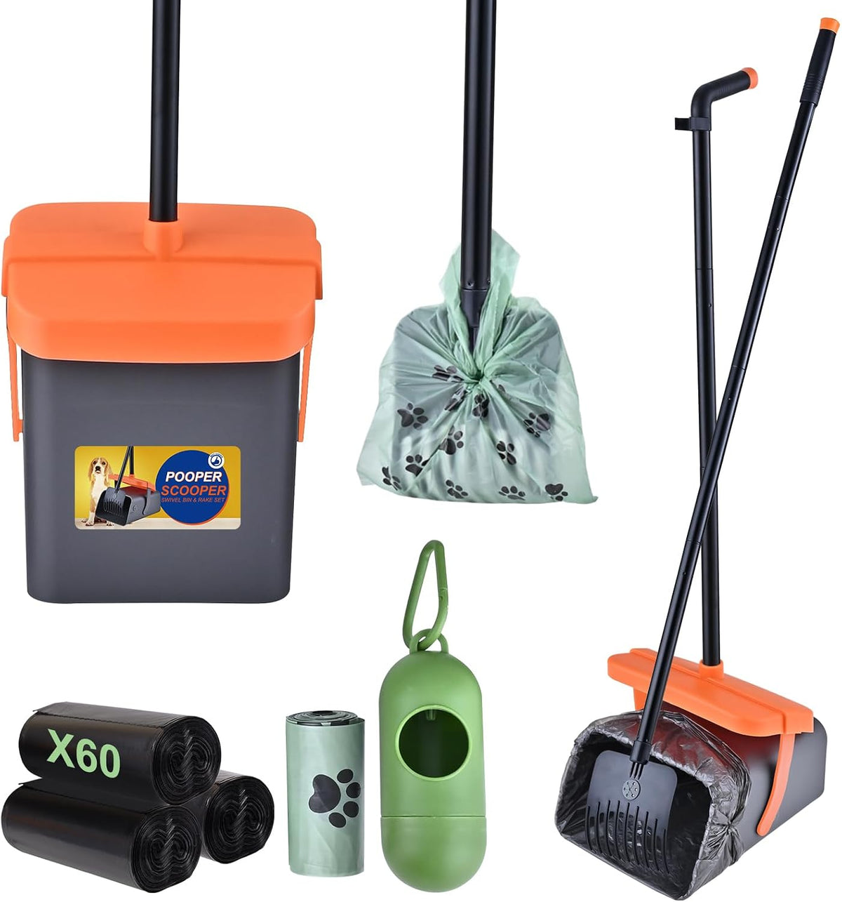 Dog Pooper Scooper for Large Dogs, 46" Long Handle Adjustable Pooper Scooper for Large Dogs,Dog Pooper Scooper with 75 Waste Bags,Large Capacity Swivel Bin & Rake