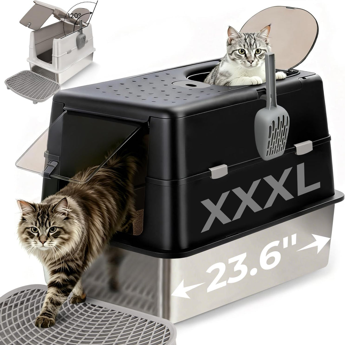 Extra Large Stainless Steel Cat Litter Box with 120° Lid for Multiple Cats, Enclosed Top Entry Litter Box High-Sided Anti-Leak, Dog Proof Litter Boxes with Litter Step & Scoop