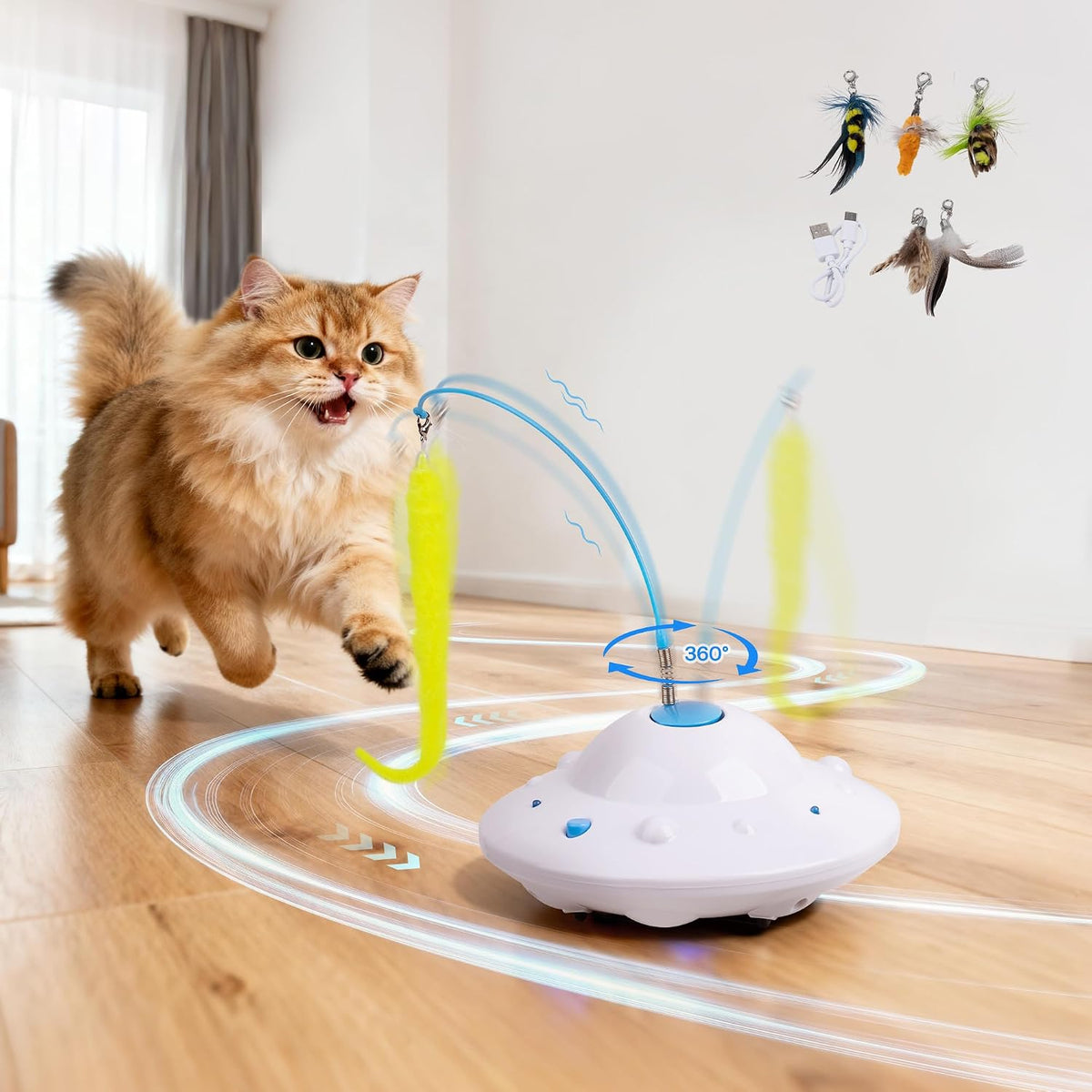 Pet Prime 3-In-1 Interactive Cat Toy with 6 Replaceable Attachment - Automatic USB Rechargeable Self Moving Cat Toy for Bored Indoor Kittens and Adult Cats