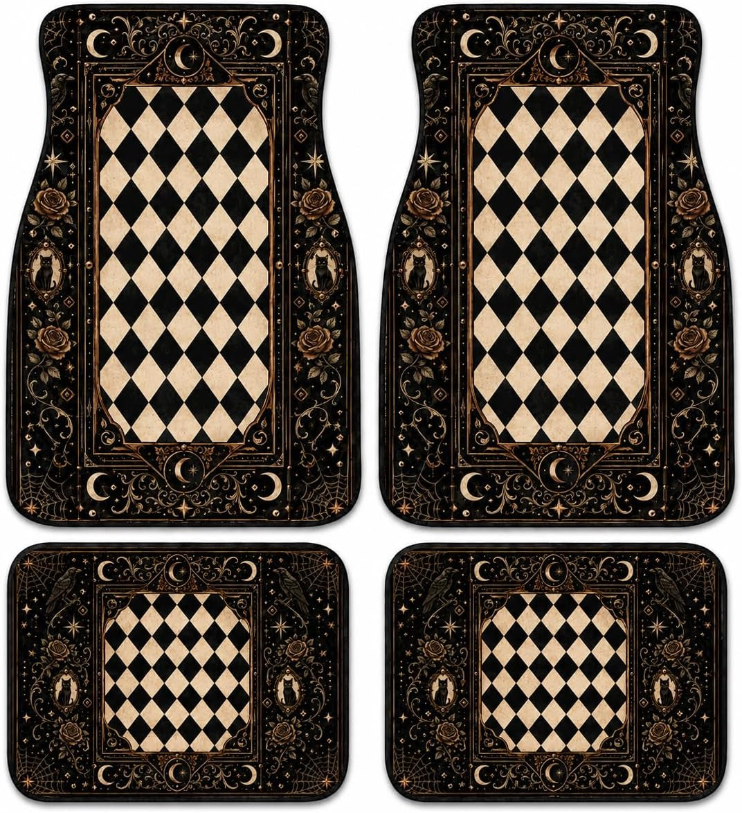 Gothic Moon Car Floor Mats 4 Piece Set, Raven Cat Moon Rose Universal Auto Floor Mats for Cars Suvs Trucks, Non-Slip Easy Clean Durable All-Weather Mats