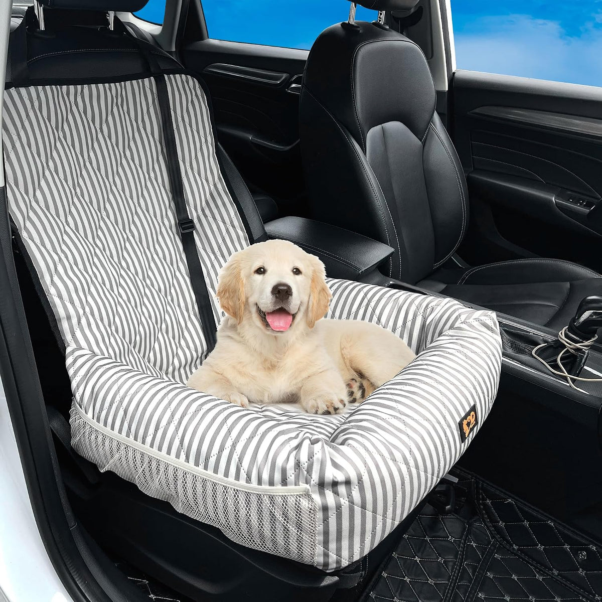 Dog Car Seat for Small and Medium Dogs, Booster Seat Sofa Pet Bed, Portable Car Travel Carrier Bed (Grey Stripes,Standard Filling)