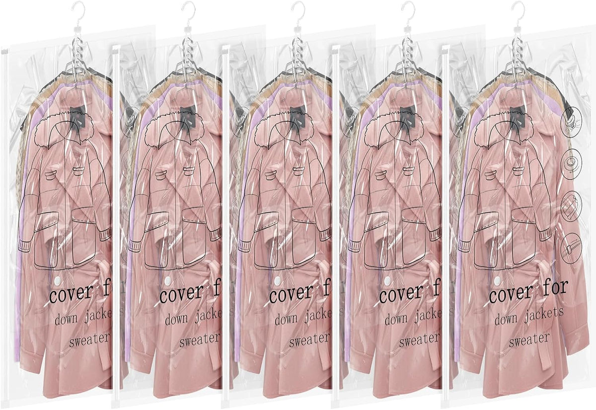 Hanging Vacuum Storage Bags 5 Pack Reusable Space Saver Bags for Clothes 43.3 X27.6 Inch Vacuum Seal Storage Bag Dresses Space Bags for Suits, Coats or Jackets, Closet Organizer and Storage