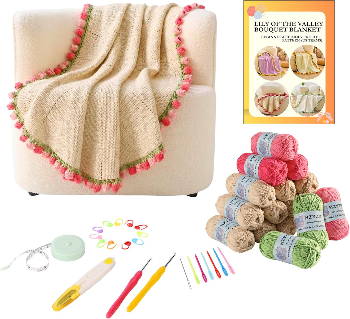 HZYZW Crochet Flower Blanket Kit for Beginners, 40'' Lily of the Valley Bouquet, Blanket Shawl Throw Kits for Adults, How to Knitting with Yarn, Home Decor Gifts for Crocheters (Grey-Pink Lily)