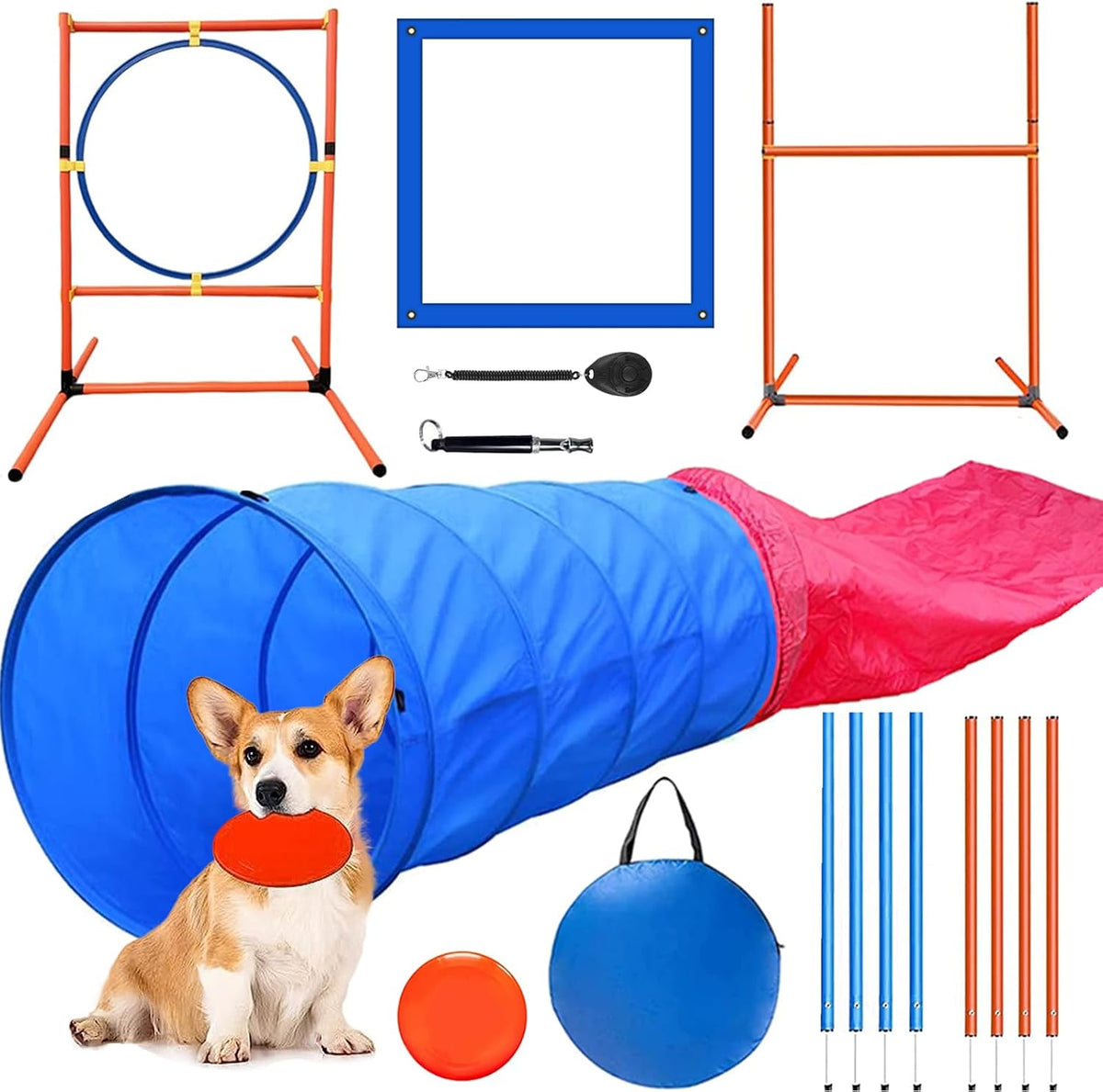 Dog Agility Training Equipment Set, Dog Agility Course Backyard Set Dog Obstacle Course Play Kit with 2 Dog Jump, Hurdle, Blind and Standard Tunnel and Weave Poles for Indoor Outdoor Games