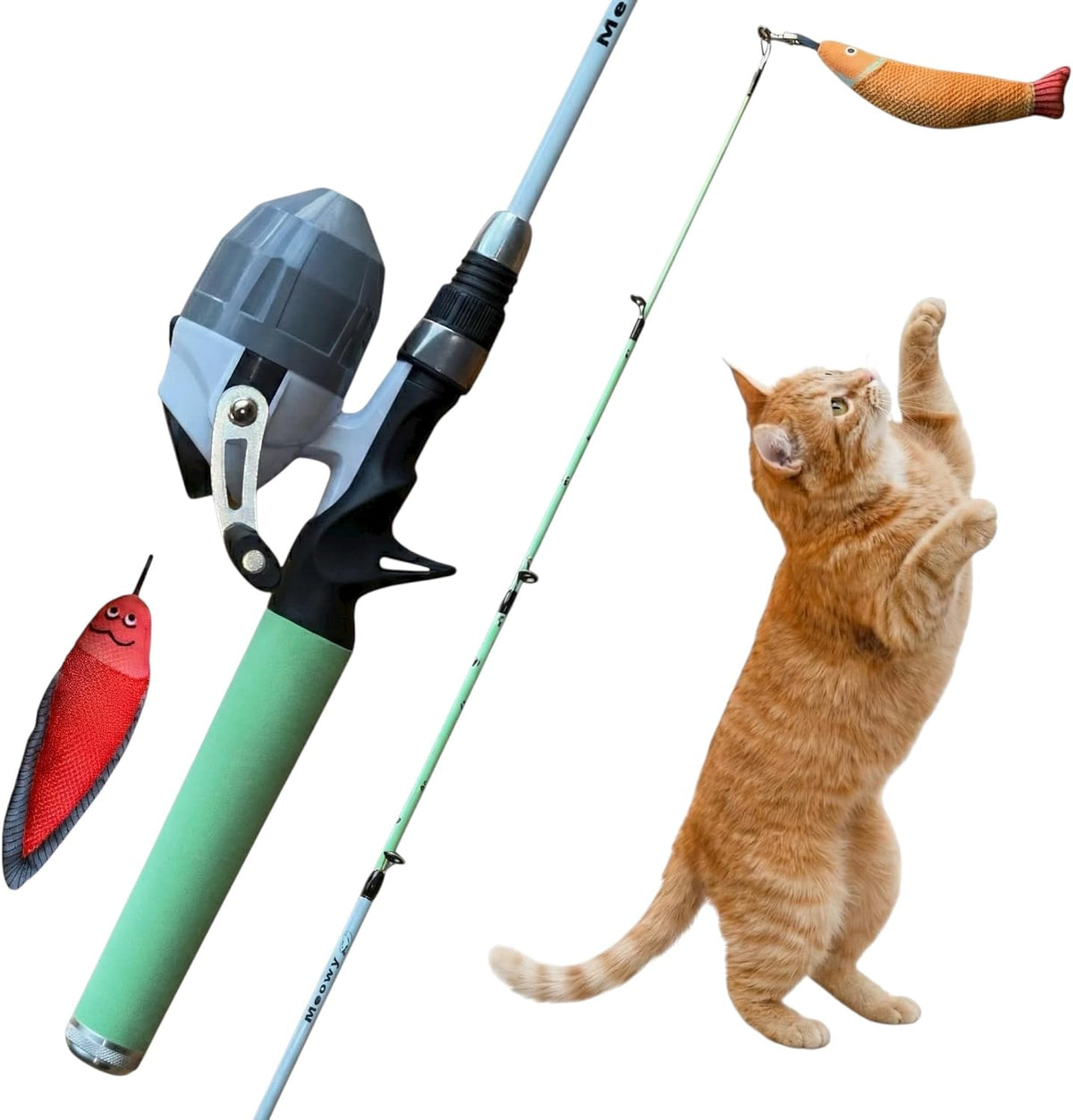 Meowy Cat Wand Toy – Cat Fishing Pole Toy with Reel the Cat Fish Fishing Rod, Telescopic Fiberglass Interactive Teaser Wand for Indoor Cats with Catnip Dental Mesh Attachments
