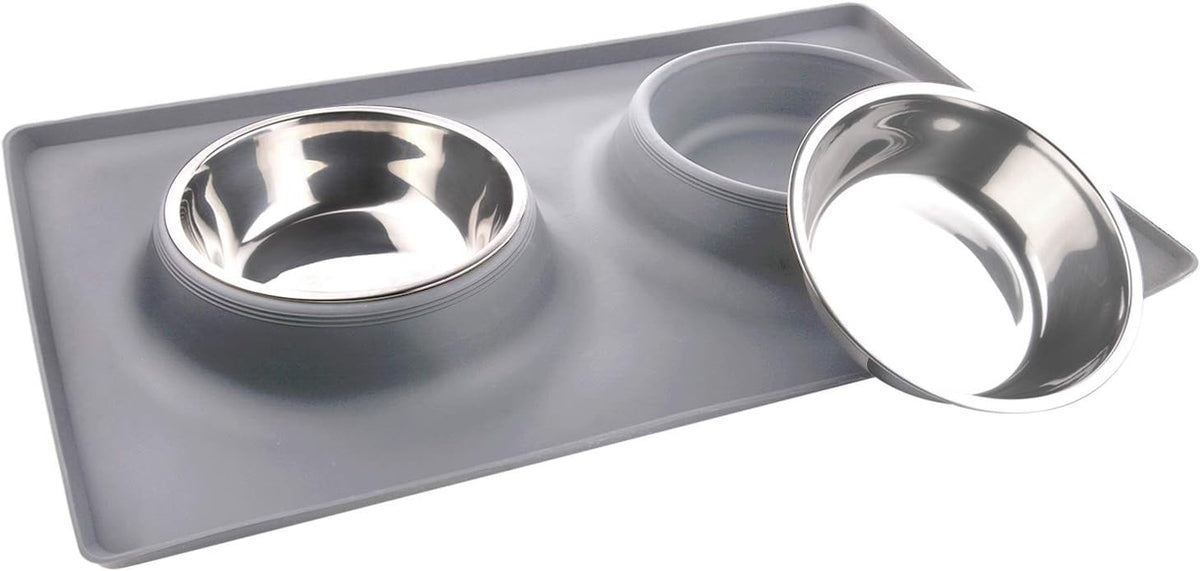 Dog Bowls with Mat, Cat Food Water Bowl Set (13.5Oz Each) in No Spill Silicone Mat, Dual Pet Feeder Bowl for Puppy, Cats, Small Medium Dogs (Square, Grey)