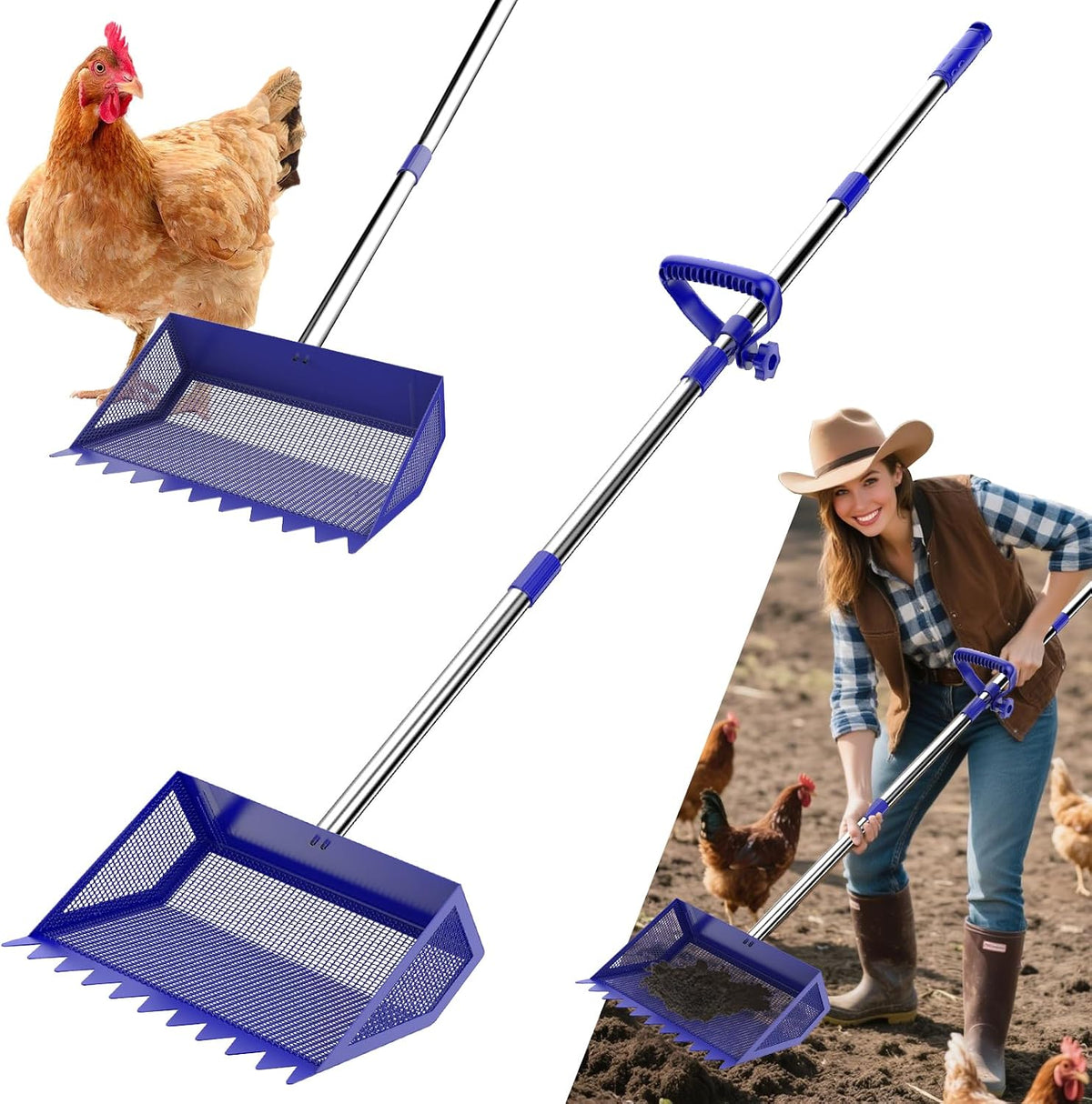 Chicken Poop Scooper Rake 2-In-1,304 Stainless Steel Shovel Head, Chicken Litter Scoop with Handle for Chicken Coop for Sand, Pet Waste Cleaning, Litter Sifting Shovel (35 to 65") (Blue, 10Inch)