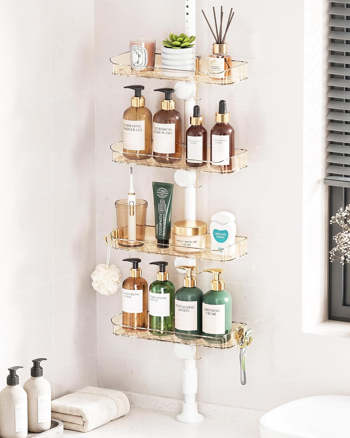 4 Tier Adjustable Corner Shower Caddy Tension Pole for Bathroom Organizer