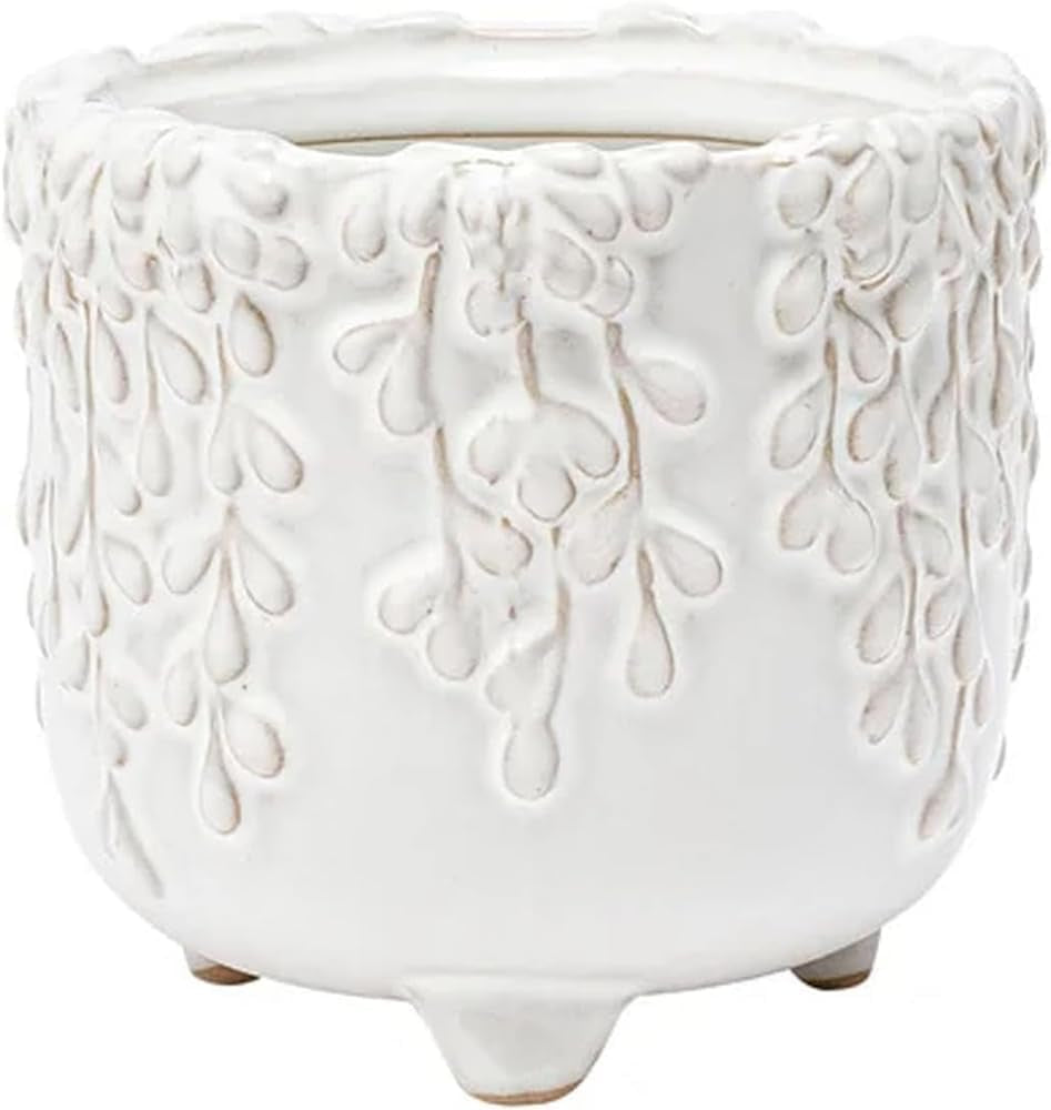 Napco Embossed Leaf Vine Floral 3.25 X 3 X 3 Inches White Ceramic Flower Succulent Plant Pot Planter Container Holder, Indoor Outdoor Garden Décor