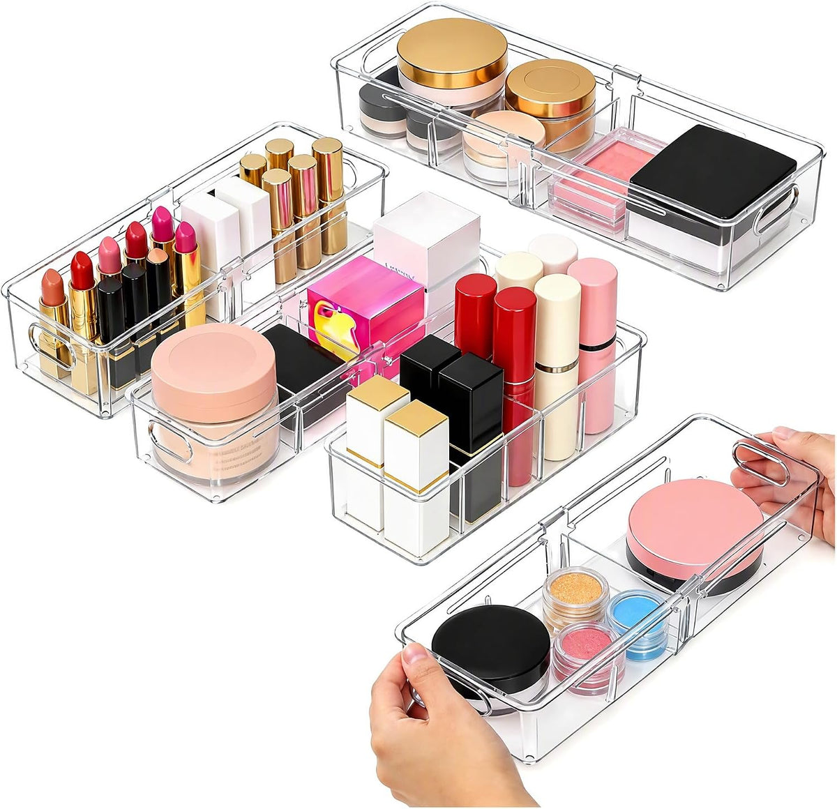 BLULEE 4-In-1 Expandable Drawer Organizer Set, Adjustable Clear Bins