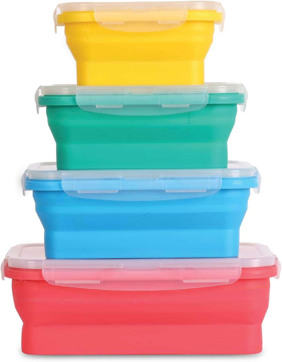 Deke Home - Collapsible Silicone Food Storage Containers with Airtight Lids, Set of 4 Assorted Sizes, Bpa-Free, Stackable and Space-Saving, Microwave, Freezer and Dishwasher Safe