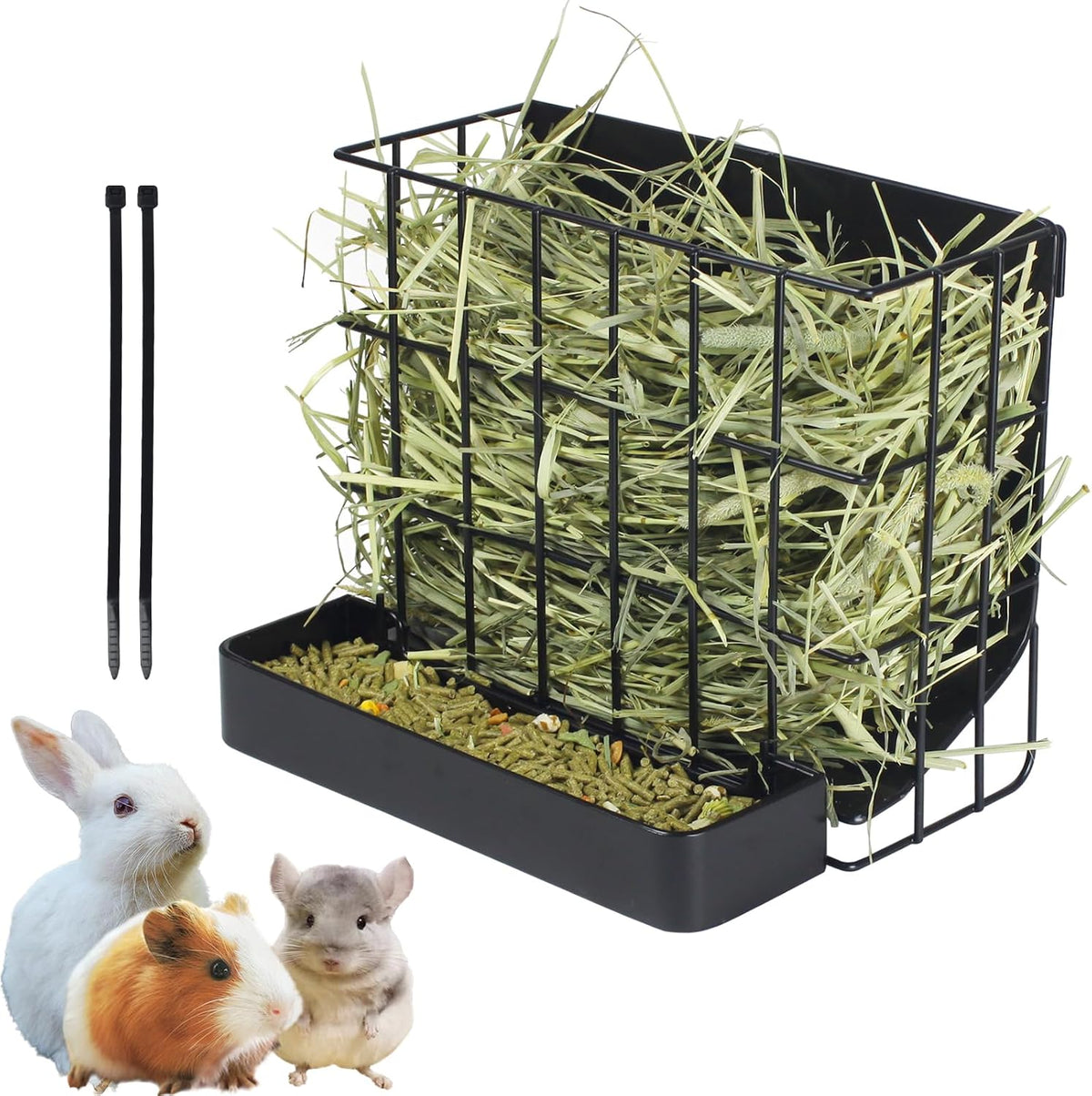 Rabbit Hay Feeder Guinea Pig Hay Holder with Hook Heavy-Duty Metal,Internal Sloping Design,Hay Feeder for Bunny,Rabbit,Chinchillas,Comes with Two Multifunctional Zippers