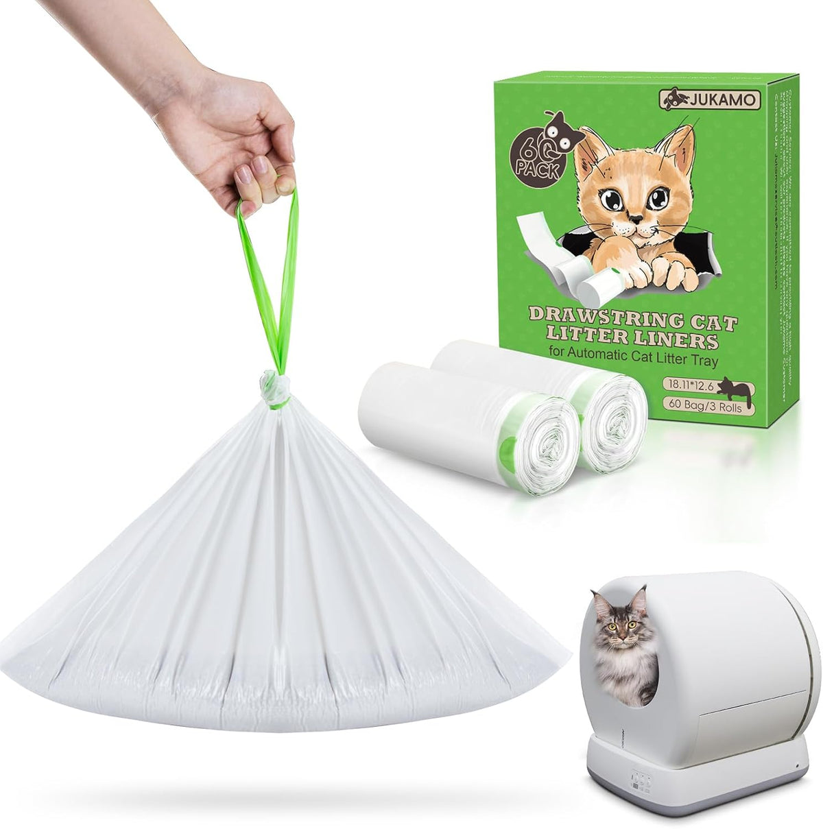 60 Pack Cat Litter Box Liners for Meo Want SC01, MWSC02 SC09, MW-LR01,1.5 Mil Thick Drawstring Heavy Duty Leak-Proof Disposable Smart Self-Cleaning Litter Waste Drawer Trash Bags 18" X 12.7"