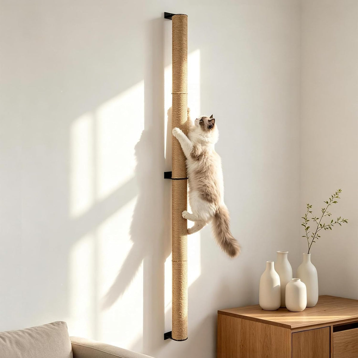 FHTONGE 63" Wall Mounted Cat Scratch Post, Adjustable Tall Jute Climb Pole