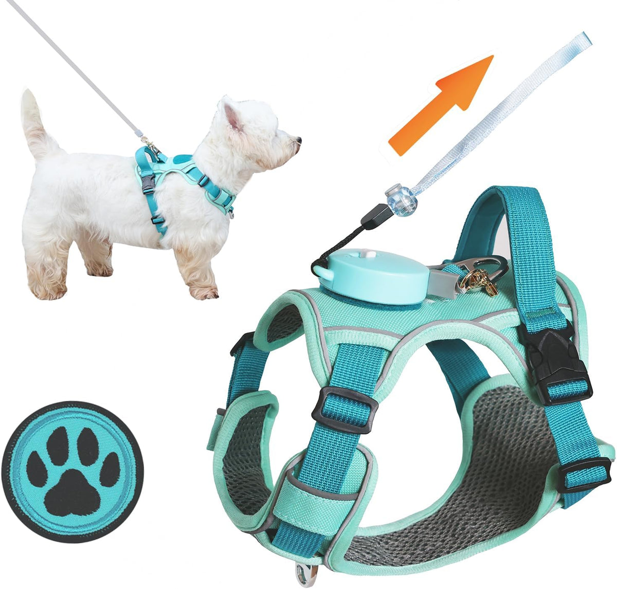Dog Harness for Small Dogs up to 16Lbs, 3-In-1 No Pull Lightweight Harness with 6.6Ft Retractable,Wearable Leash Set,Front Clip,Handle,Reflective Dog Vest with Patch,Wrist Strap,Free Hand Leash-Blue