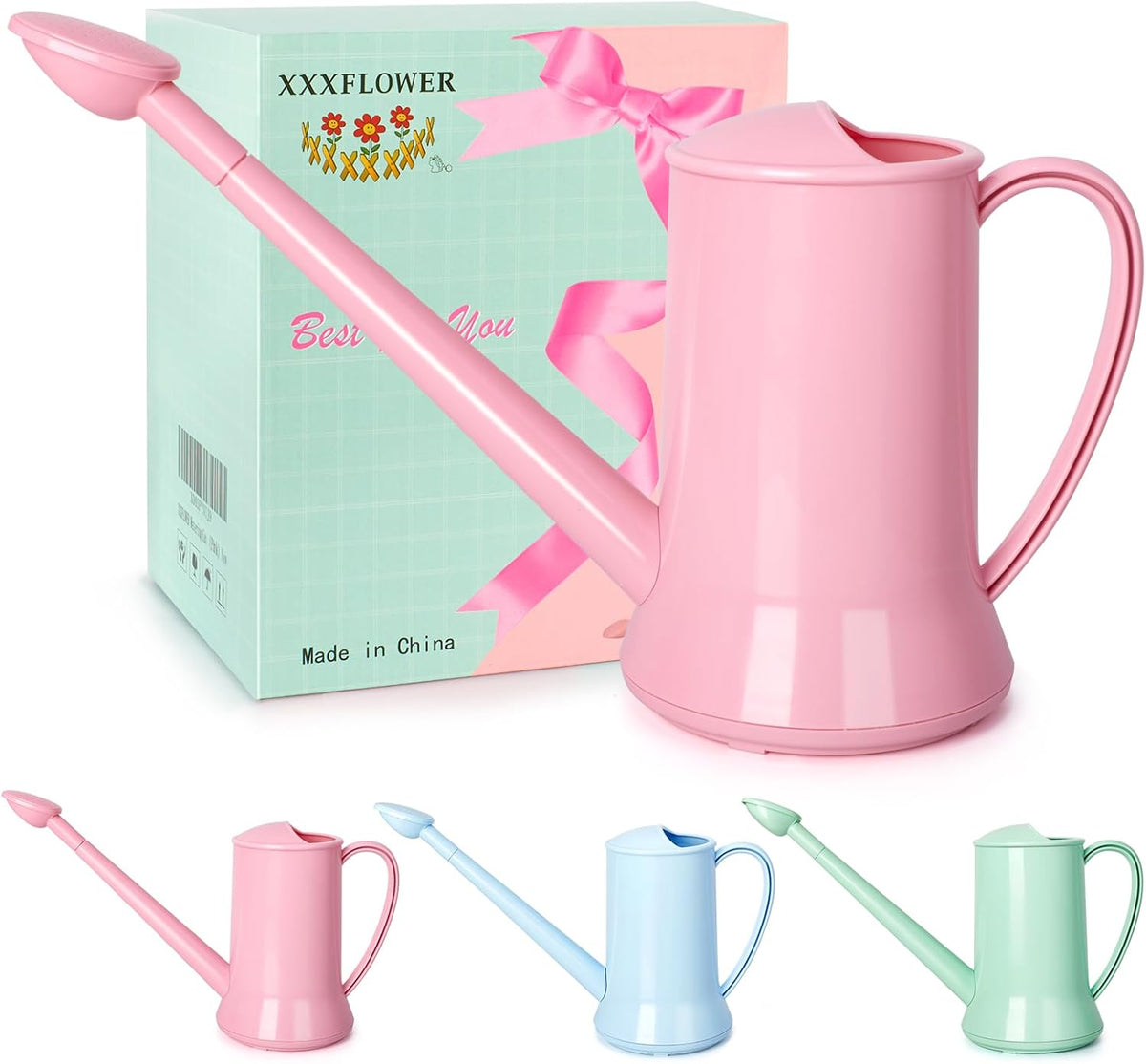 XXXFLOWER 1/2 Gallon Small Indoor Plant Watering Can, 2L Long Spout Removable Nozzle Flower Watering Pot for Office House Indoor Garden(Pink,67 Oz)