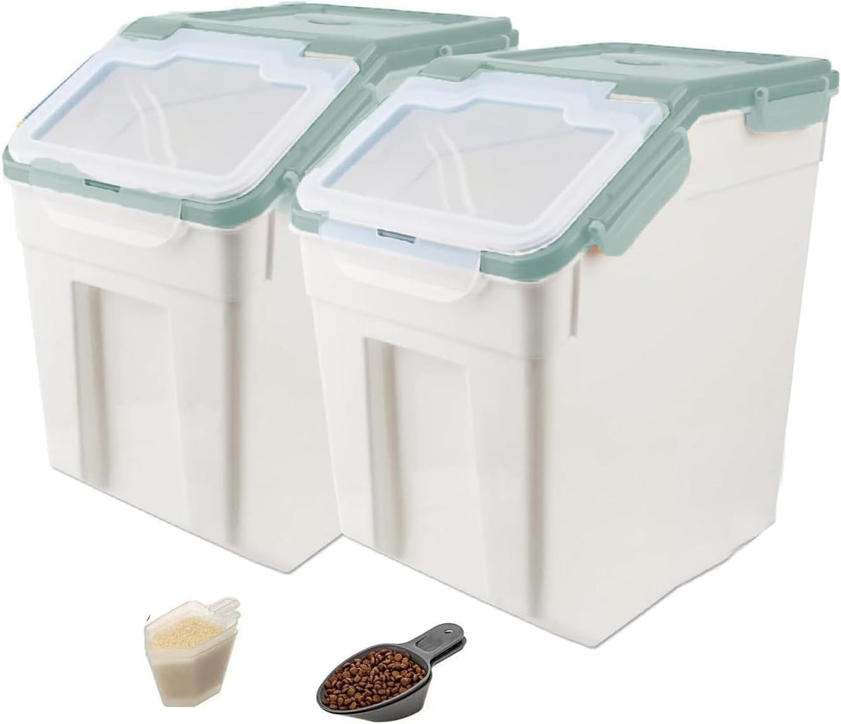 Rice Storage Container 2 Pack 50 Lb Flour Storage Container with Wheels, BPA Free Food Storage Container with Measuring Cup Dog Cat Food Bin Set for Dry Food Sugar, Cereal-Green
