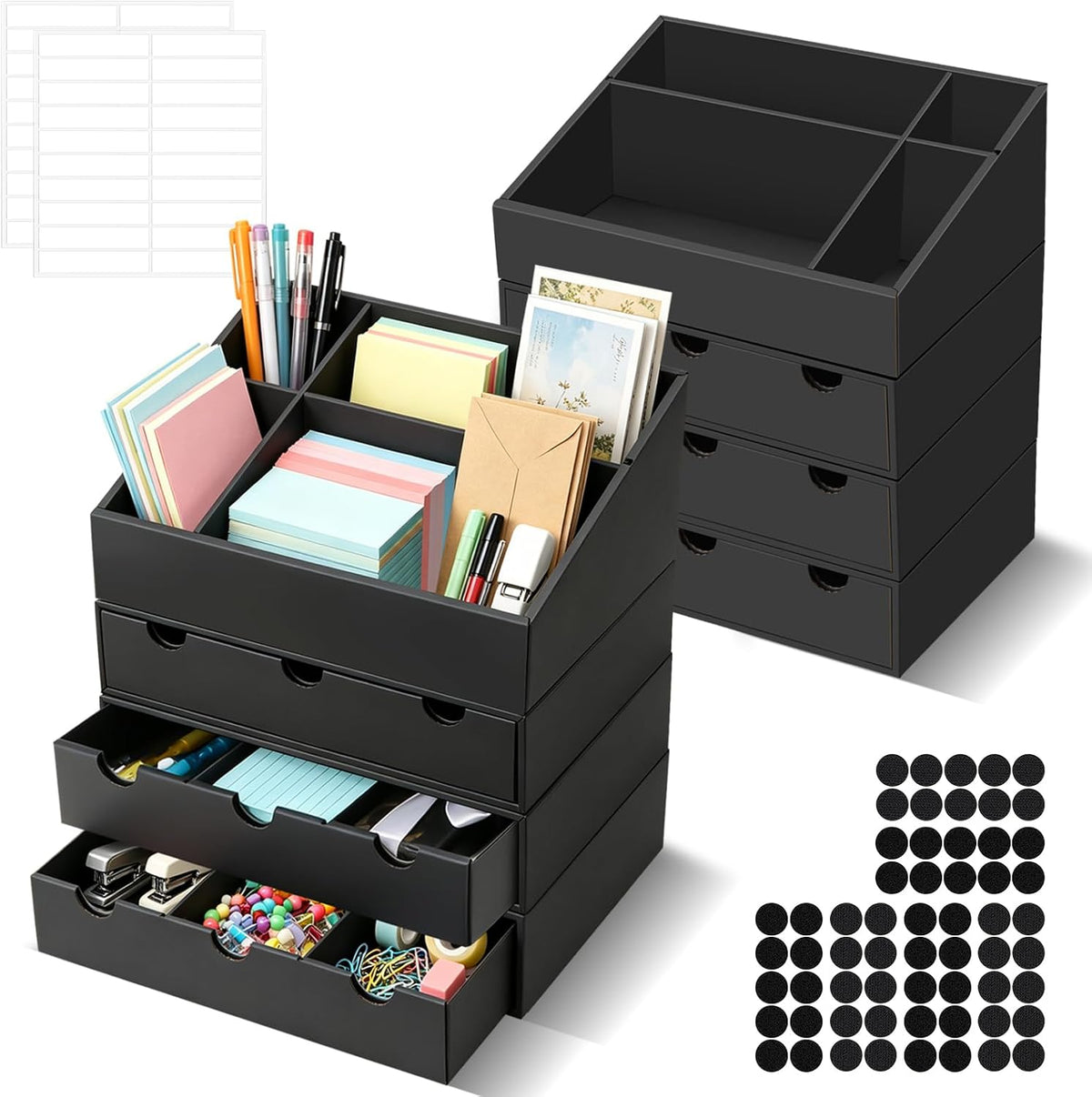 Desk Organizer with Drawer, 2-Piece Modular Stepped Storage Box, Multifunctional Pencil Holder for Home Office Supplies & Small Tools (Black)